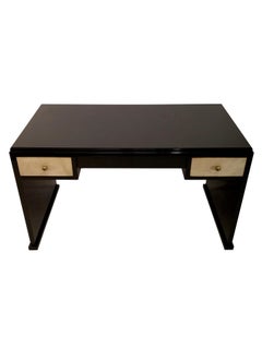 Puristic Art Deco Desk in Black High Gloss Piano Lacquer and Parchment Drawers