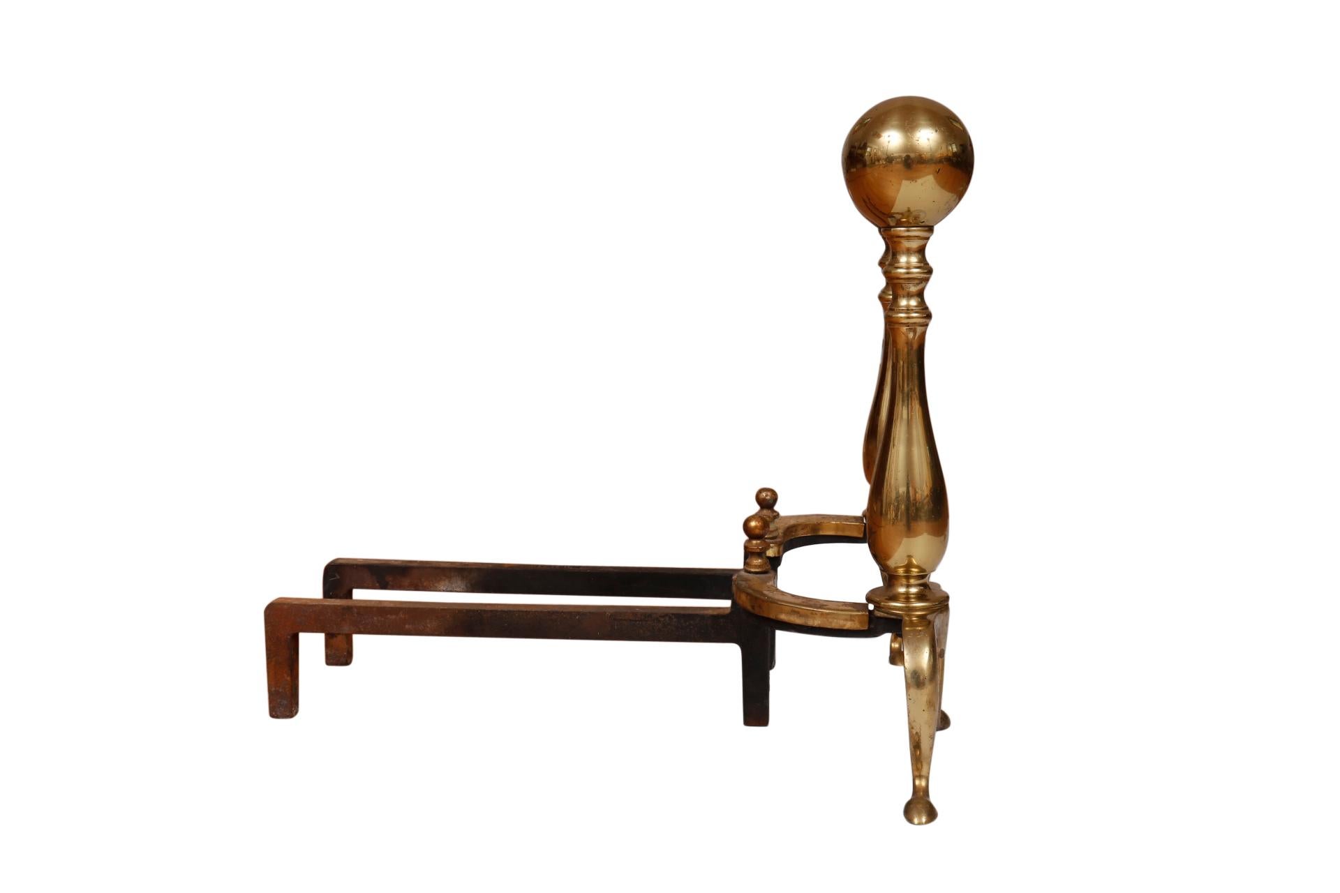 Rustic Puritan Ball Topped Brass Andirons, a Pair