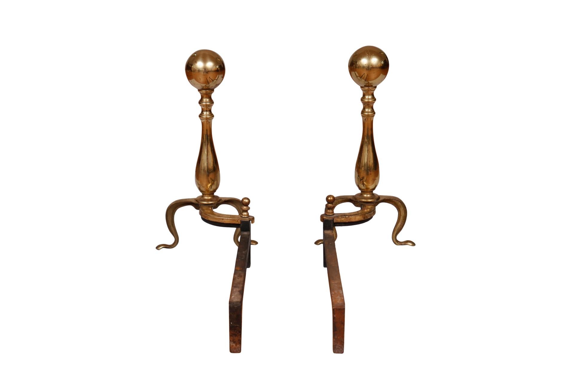 American Puritan Ball Topped Brass Andirons, a Pair