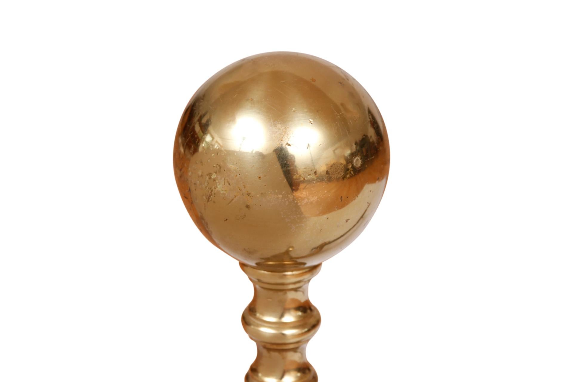Puritan Ball Topped Brass Andirons, a Pair In Good Condition In Bradenton, FL