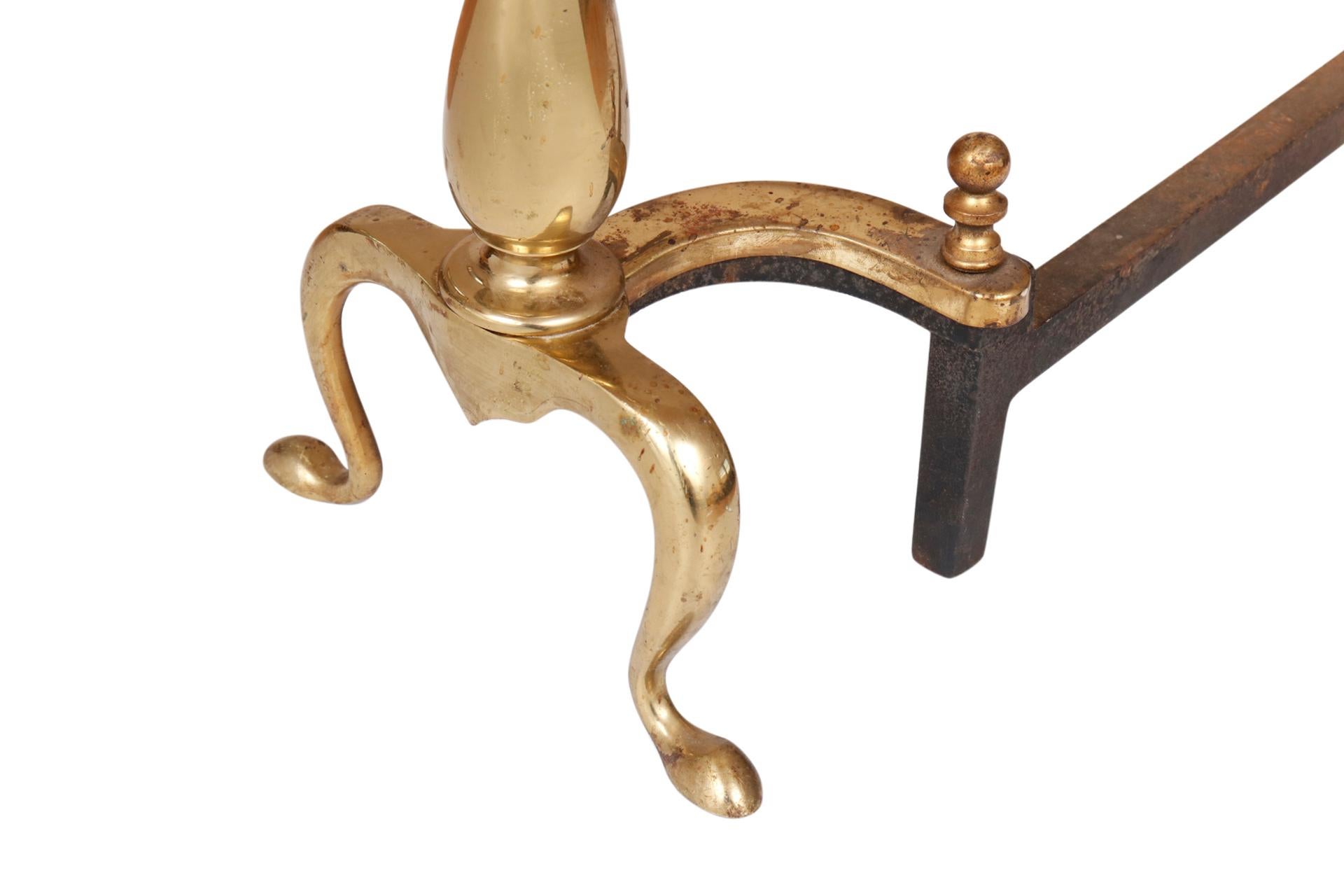 20th Century Puritan Ball Topped Brass Andirons, a Pair