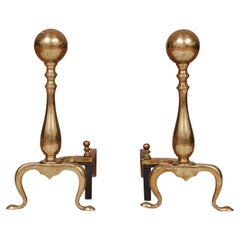 Puritan Ball Topped Brass Andirons, a Pair