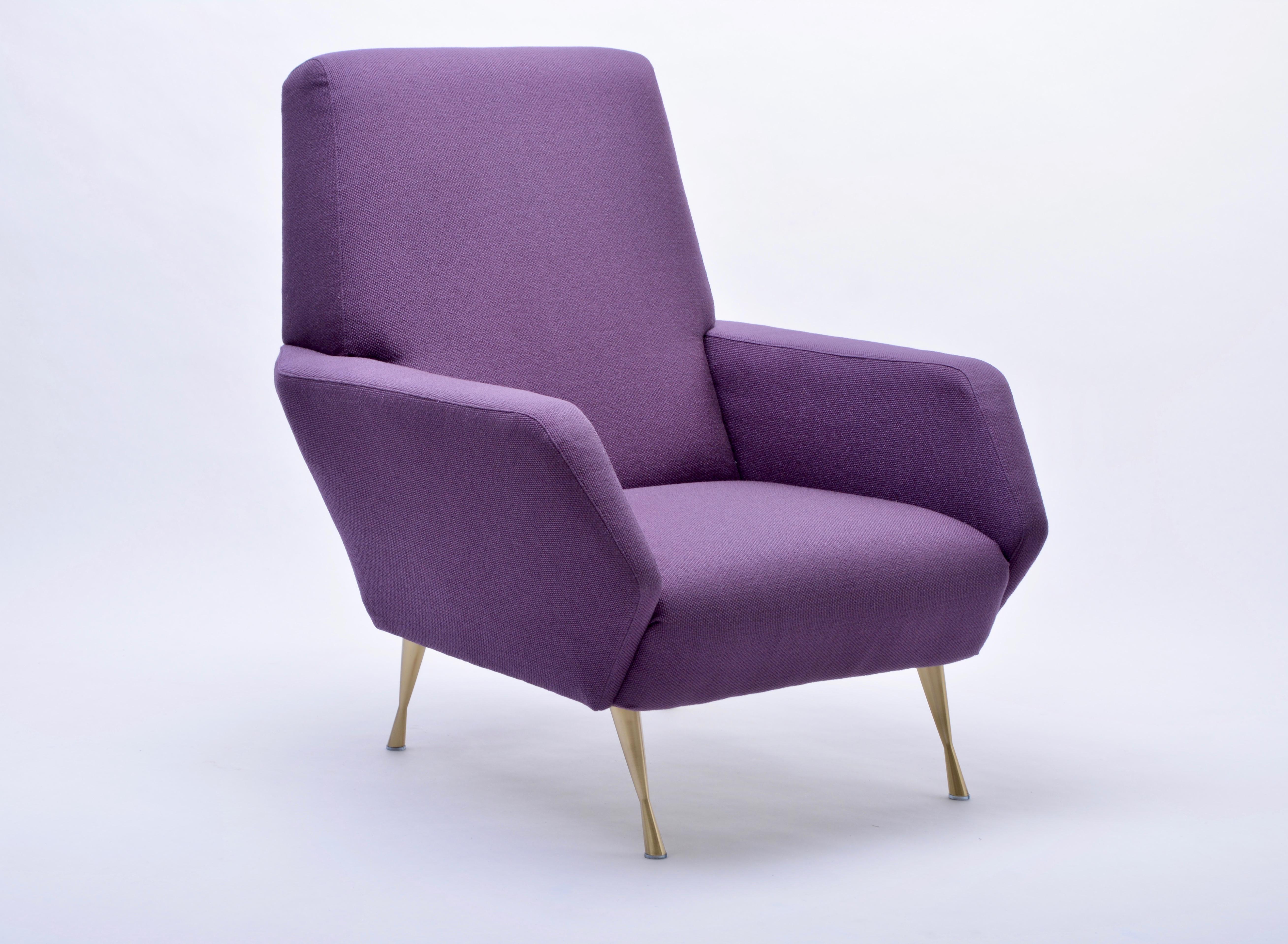 Purple Mid-Century Modern reupholstered ItalianlLounge Chair

This lounge chair was produced in Italy in the 1950s. It has been completely reupholstered in purple fabric and has new brass feet. Two chairs available.