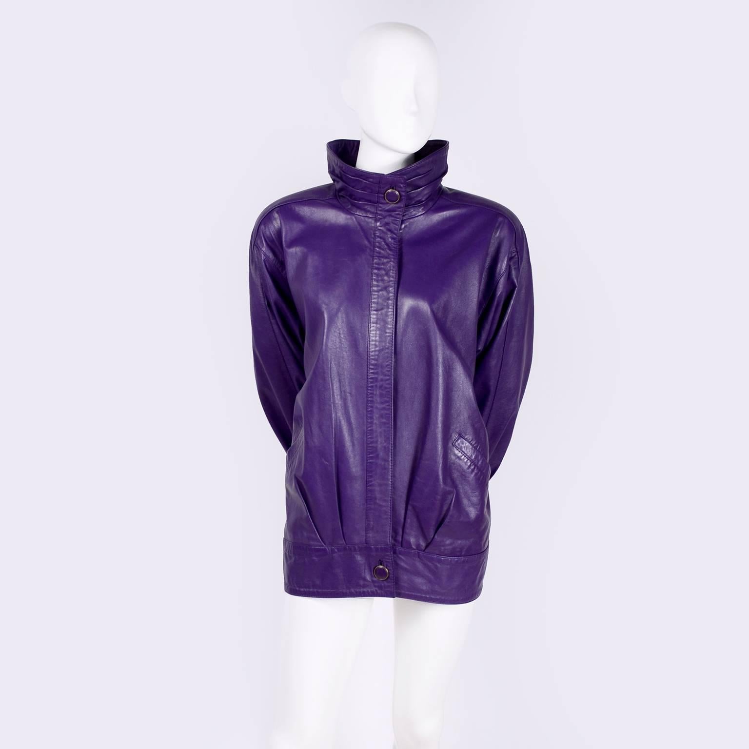 Melek Oversized Purple Leather Coat Jacket with Zip Front and Pockets, 1980s 3