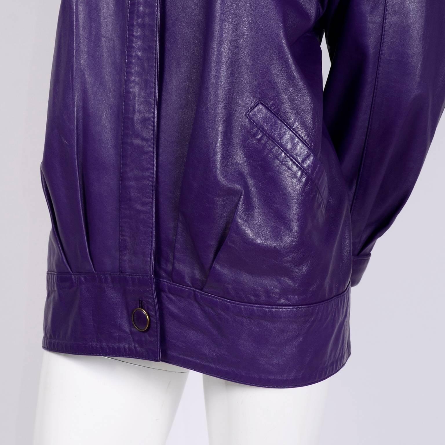 Women's Melek Oversized Purple Leather Coat Jacket with Zip Front and Pockets, 1980s