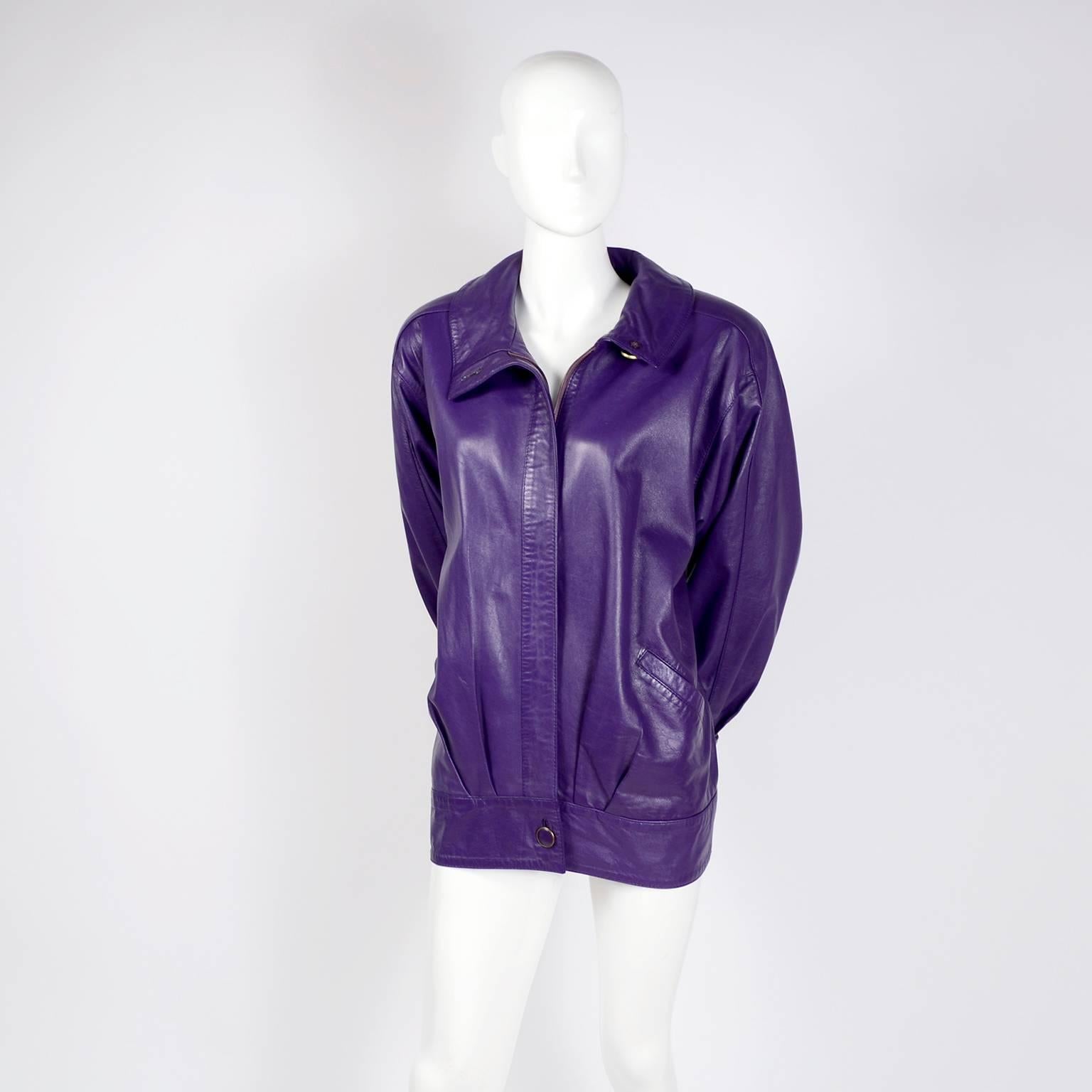 Melek Oversized Purple Leather Coat Jacket with Zip Front and Pockets, 1980s 1