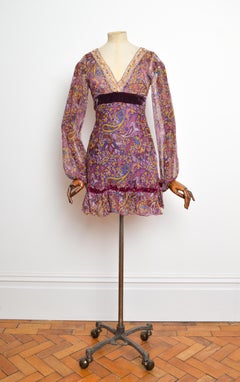 Purple 2000’s Boho Pure Silk Floaty Beaded Paisley Tunic Mini Dress