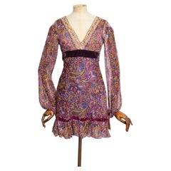 Purple 2000’s Boho Pure Silk Floaty Beaded Paisley Tunic Mini Dress