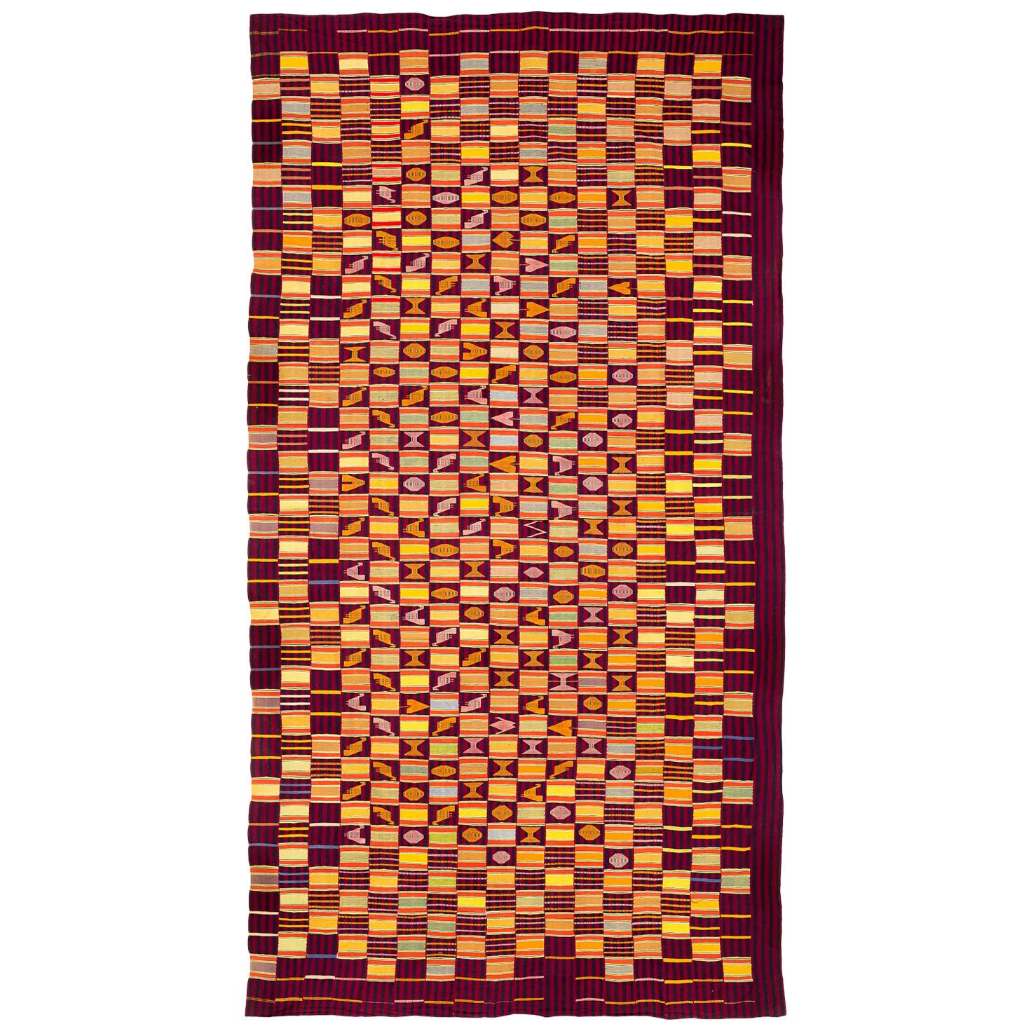 Maroon and Orange Vintage Midcentury West African Ewe Kente Cloth Textile Fabric