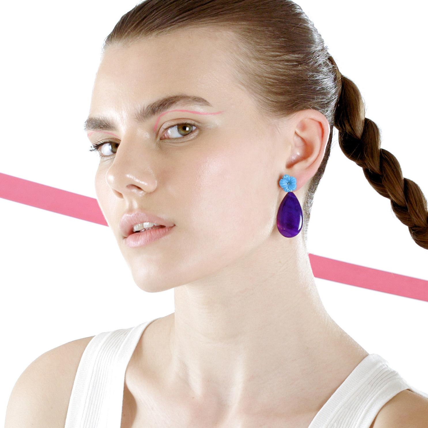 Moderne italienische Tropfenohrringe aus 18 Karat Gold mit lila Achat, natürlicher Türkis im Angebot 14