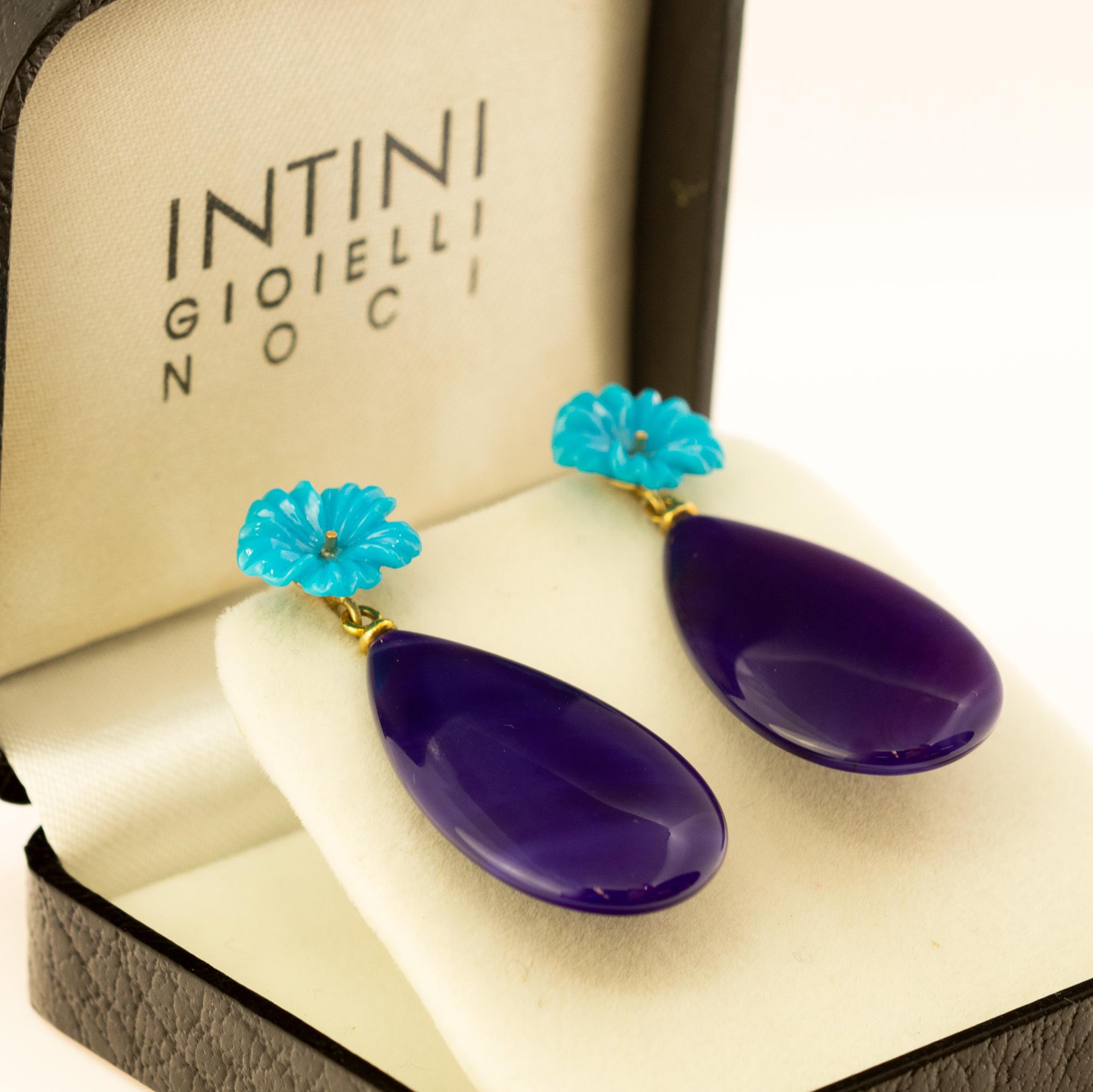 Moderne italienische Tropfenohrringe aus 18 Karat Gold mit lila Achat, natürlicher Türkis im Angebot 4