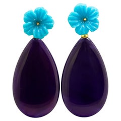 Purple Agate Flower Natural Turquoise 18 Karat Gold Drop Modern Italian Earrings