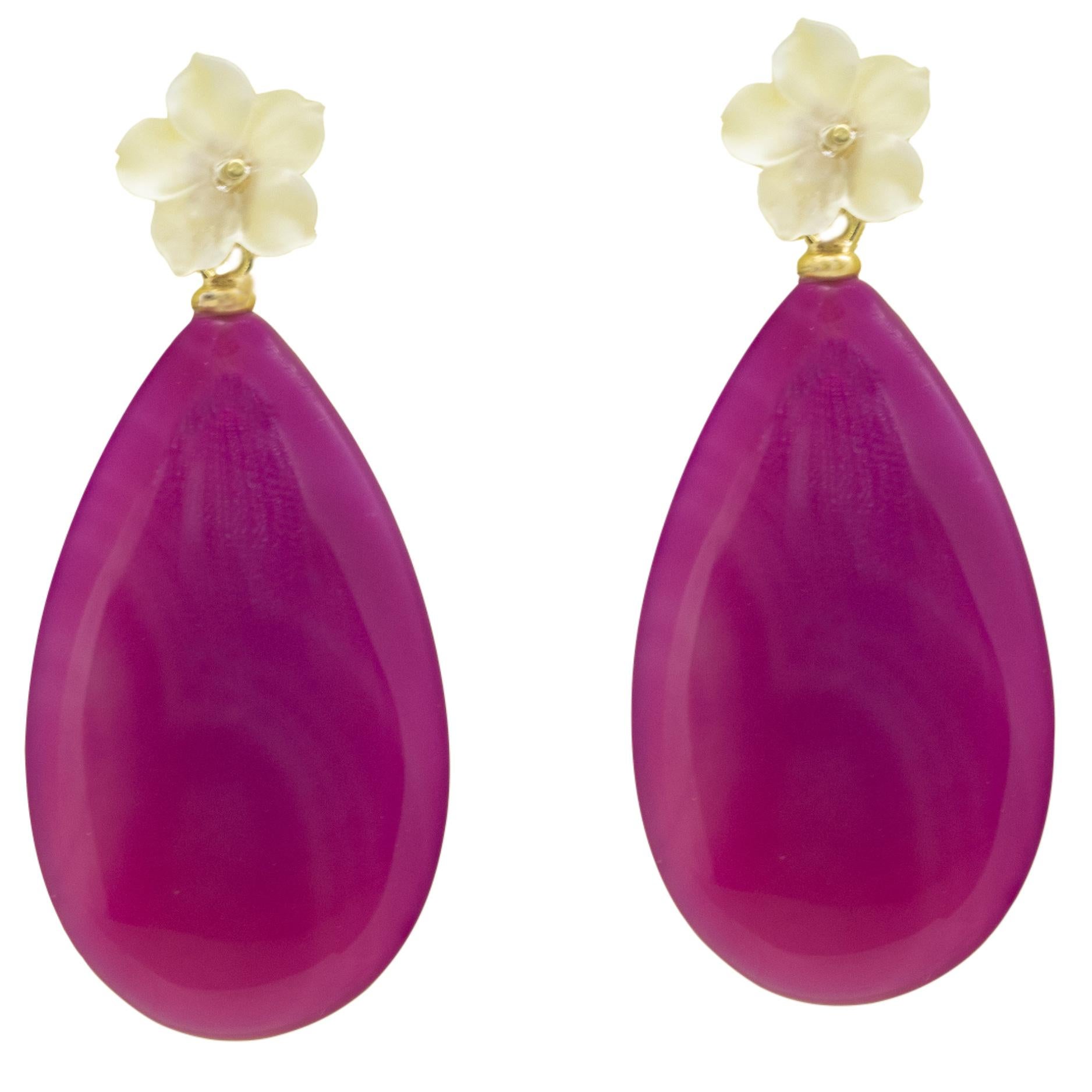 Art Nouveau Purple Agate Flower Rock Crystal 18 Karat Gold Drop Modern Italian Earrings For Sale