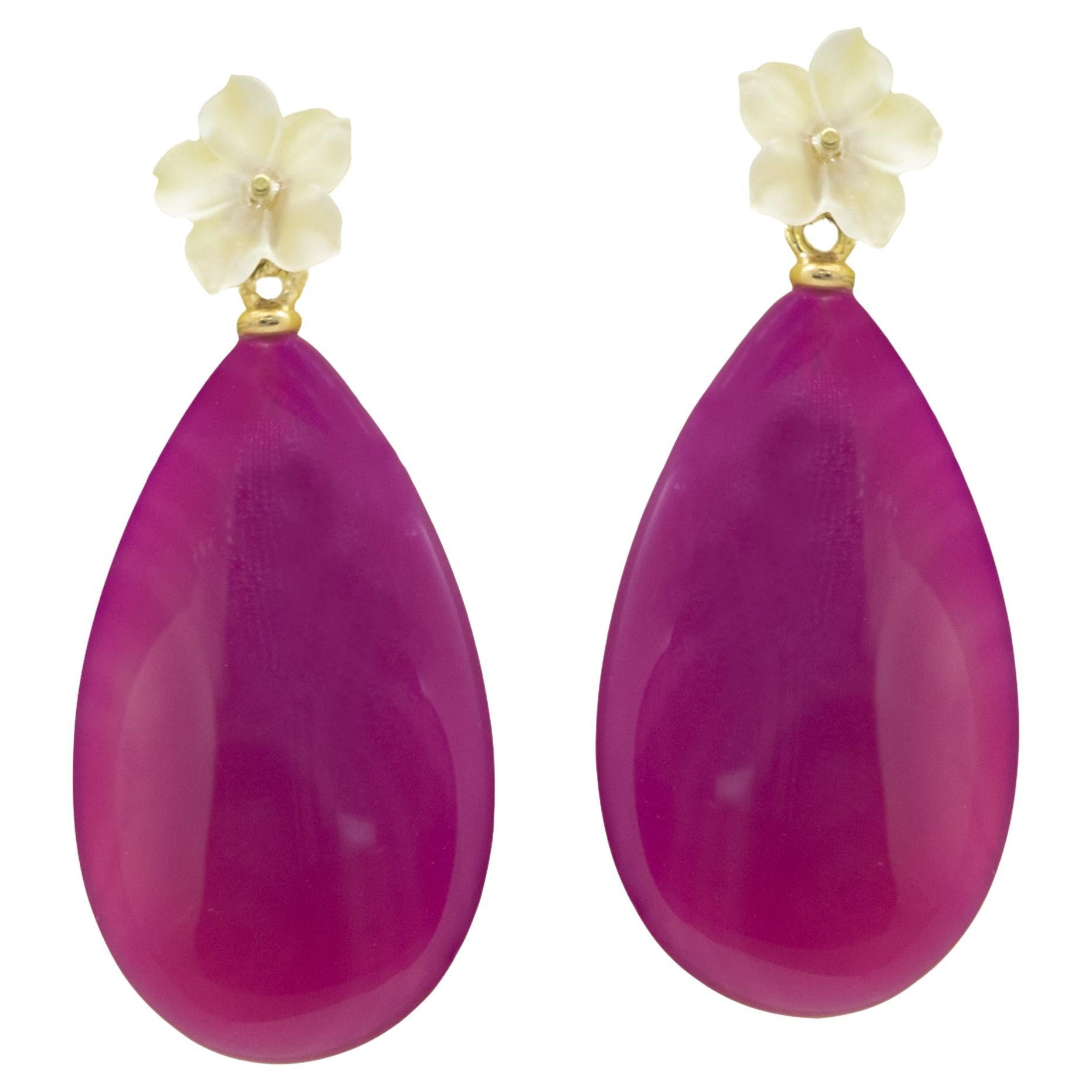 Purple Agate Flower Rock Crystal 18 Karat Gold Drop Modern Italian Earrings For Sale