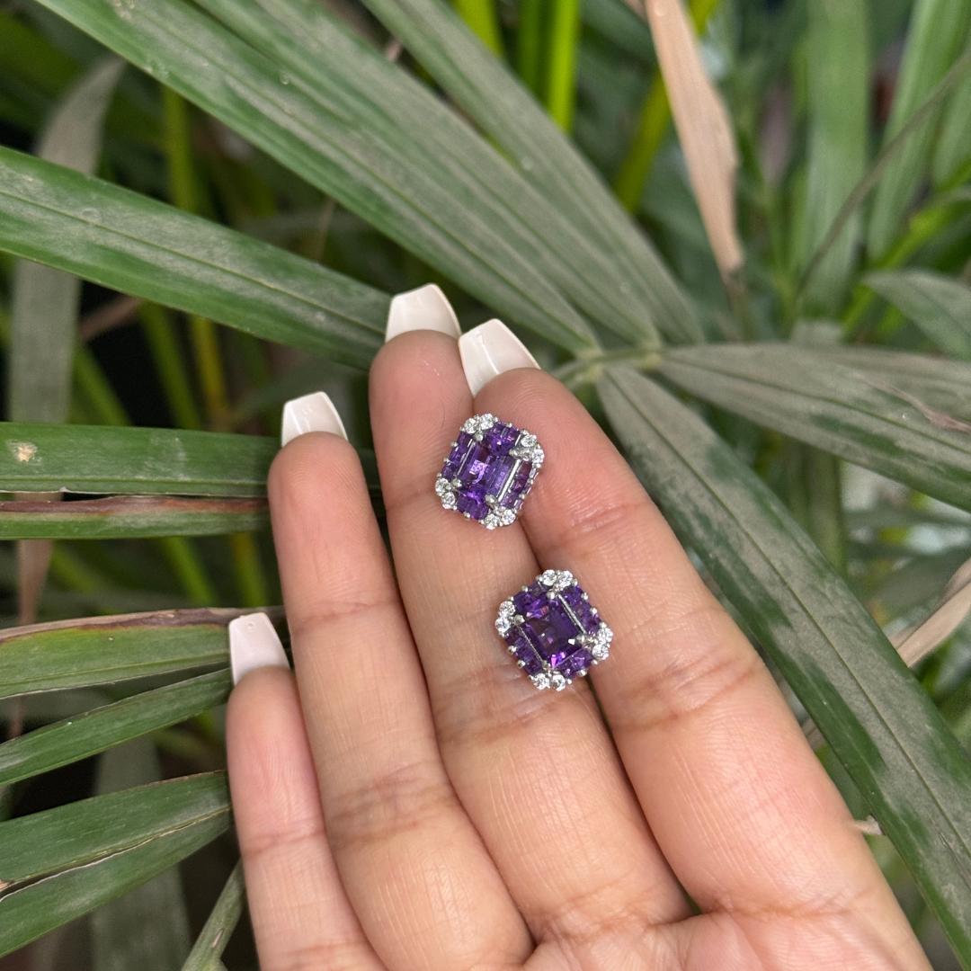 Mixed Cut Purple Amethyst 4.15 Carat Sterling Silver Stud Earrings for Mother Gift For Sale