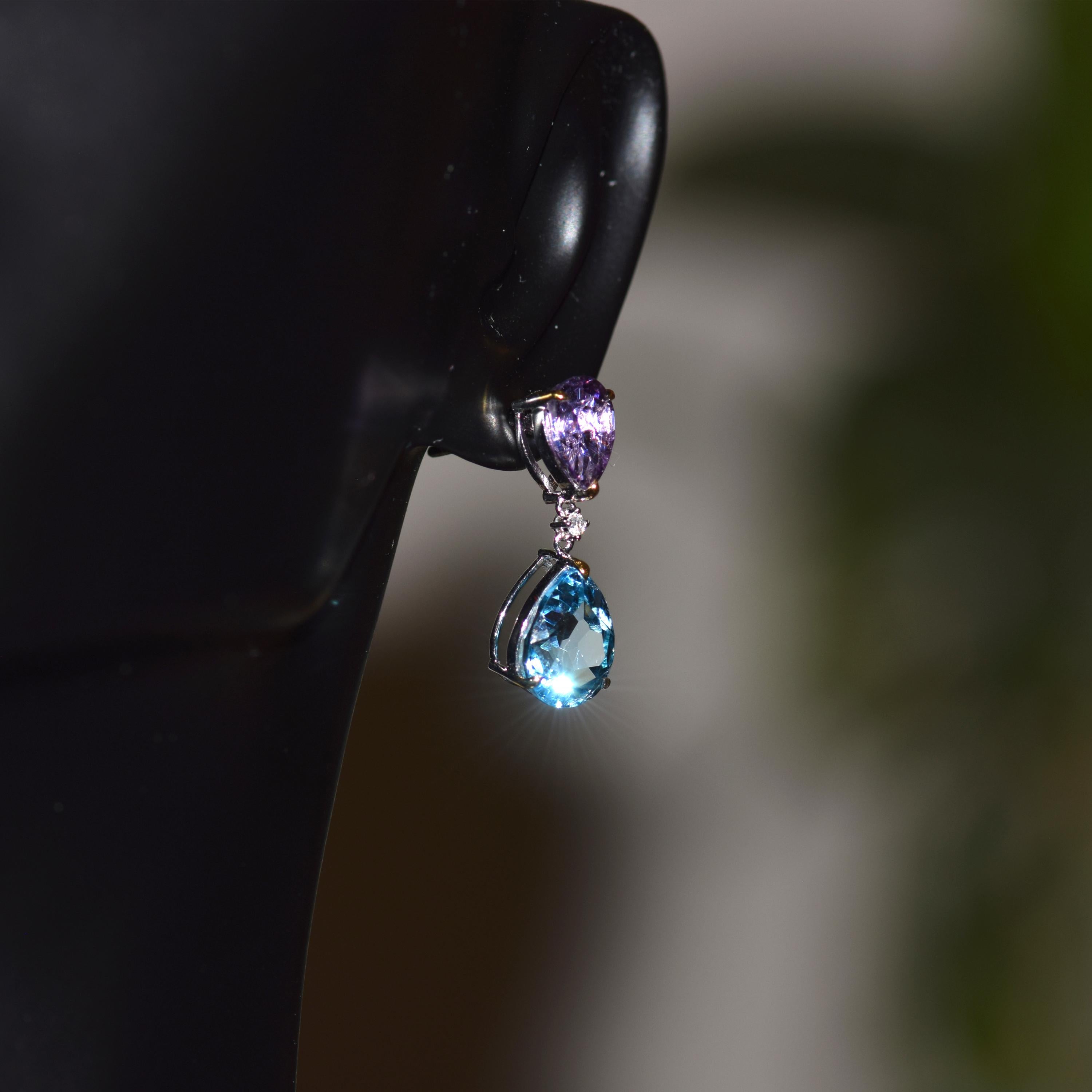 Contemporary Purple Amethyst and Blue Topaz Pear Drop Earrings