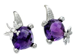 Purple Amethyst and Diamond Dragonfly Design Earrings Set in 18 Karat White Gold
