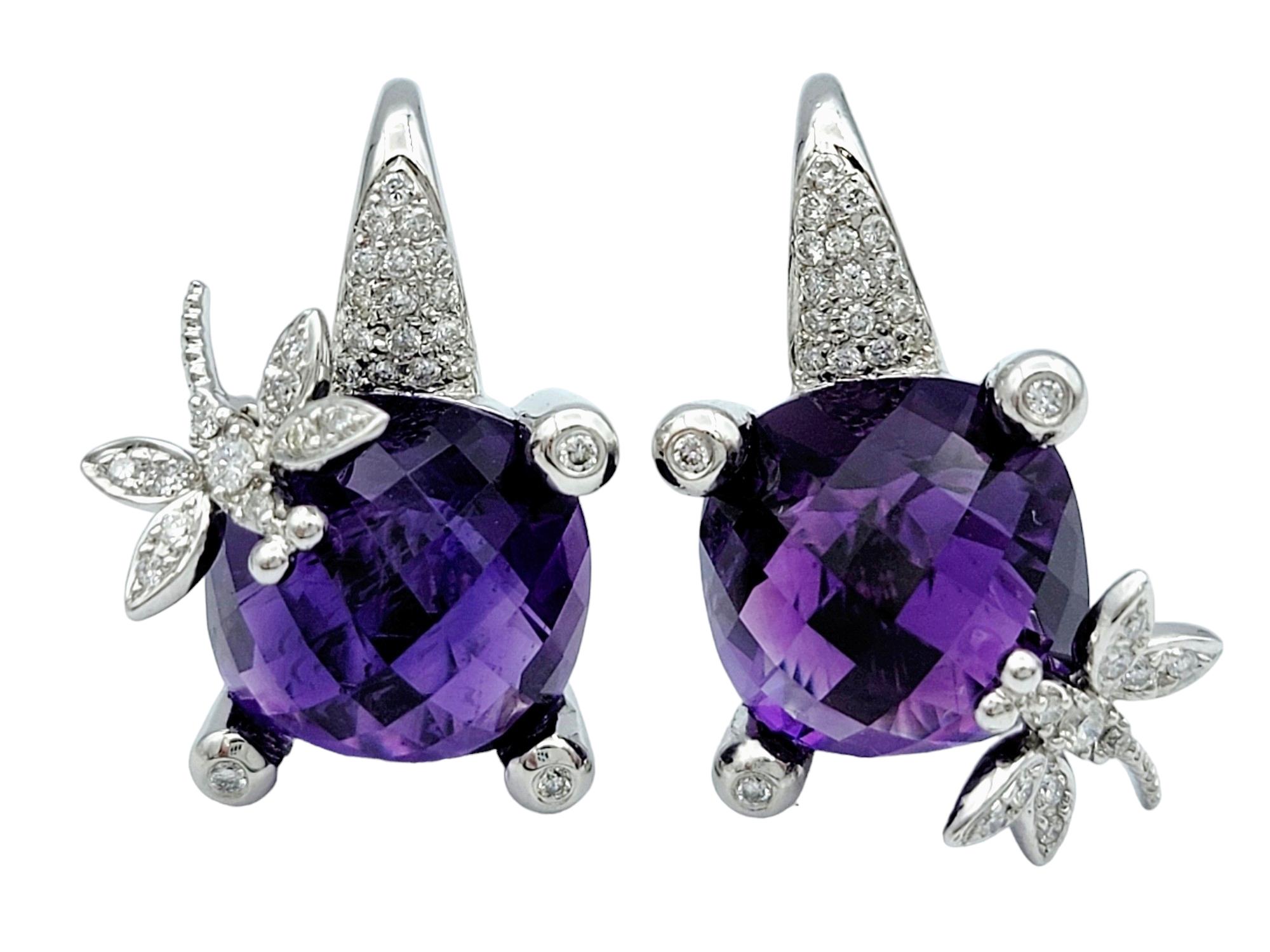 Contemporary Purple Amethyst and Diamond Dragonfly Design Earrings Set in 18 Karat White Gold For Sale