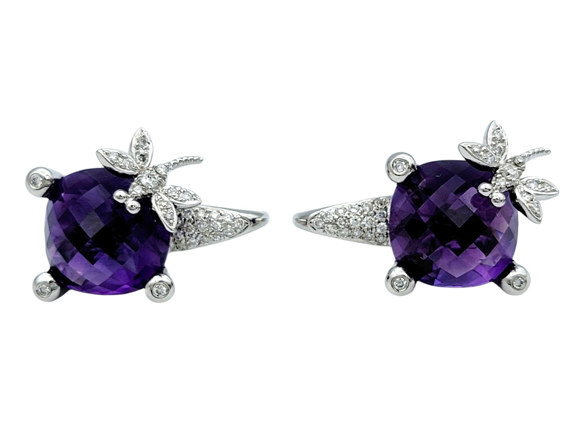 Cushion Cut Purple Amethyst and Diamond Dragonfly Design Earrings Set in 18 Karat White Gold For Sale