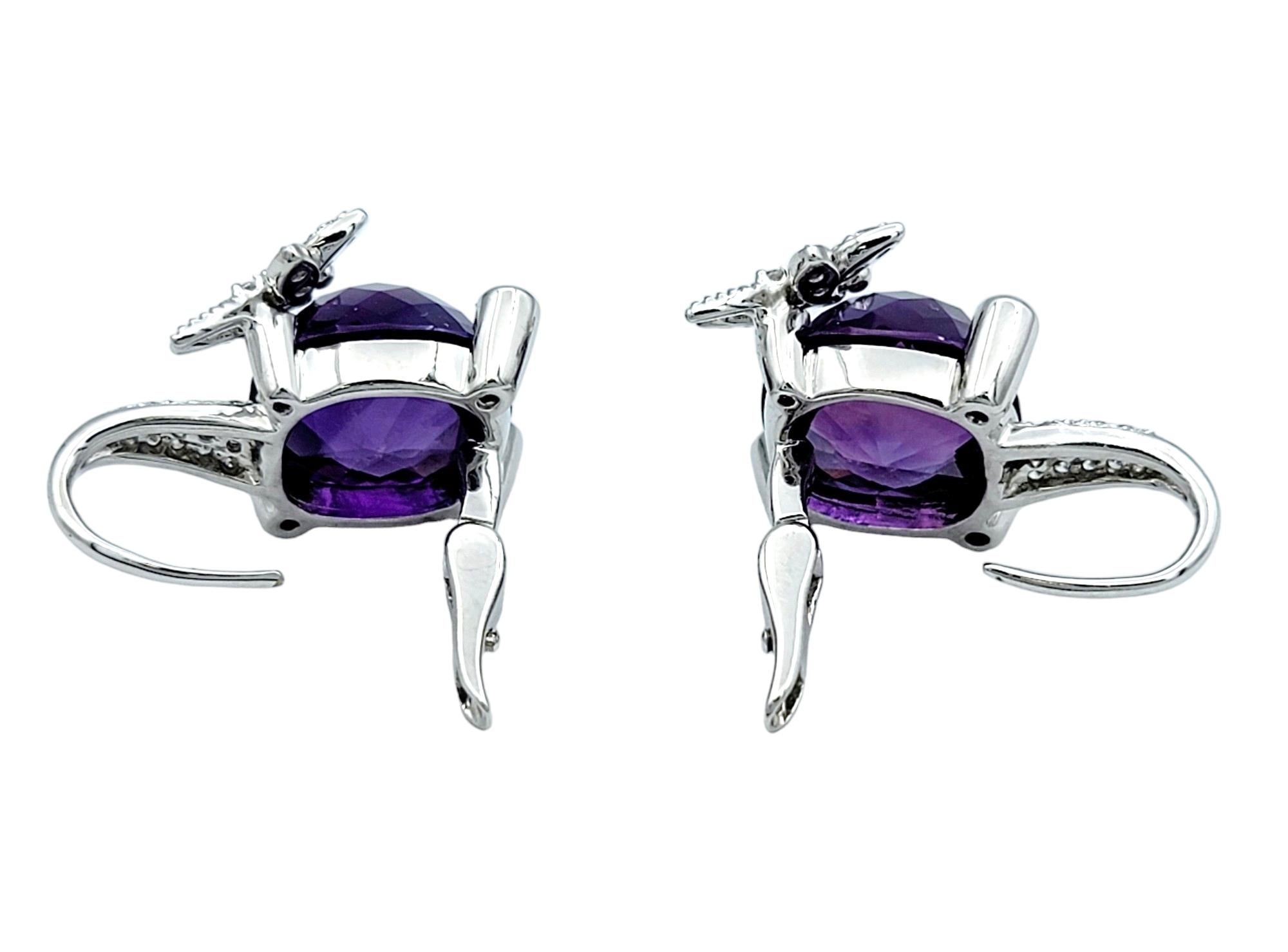 Women's Purple Amethyst and Diamond Dragonfly Design Earrings Set in 18 Karat White Gold For Sale