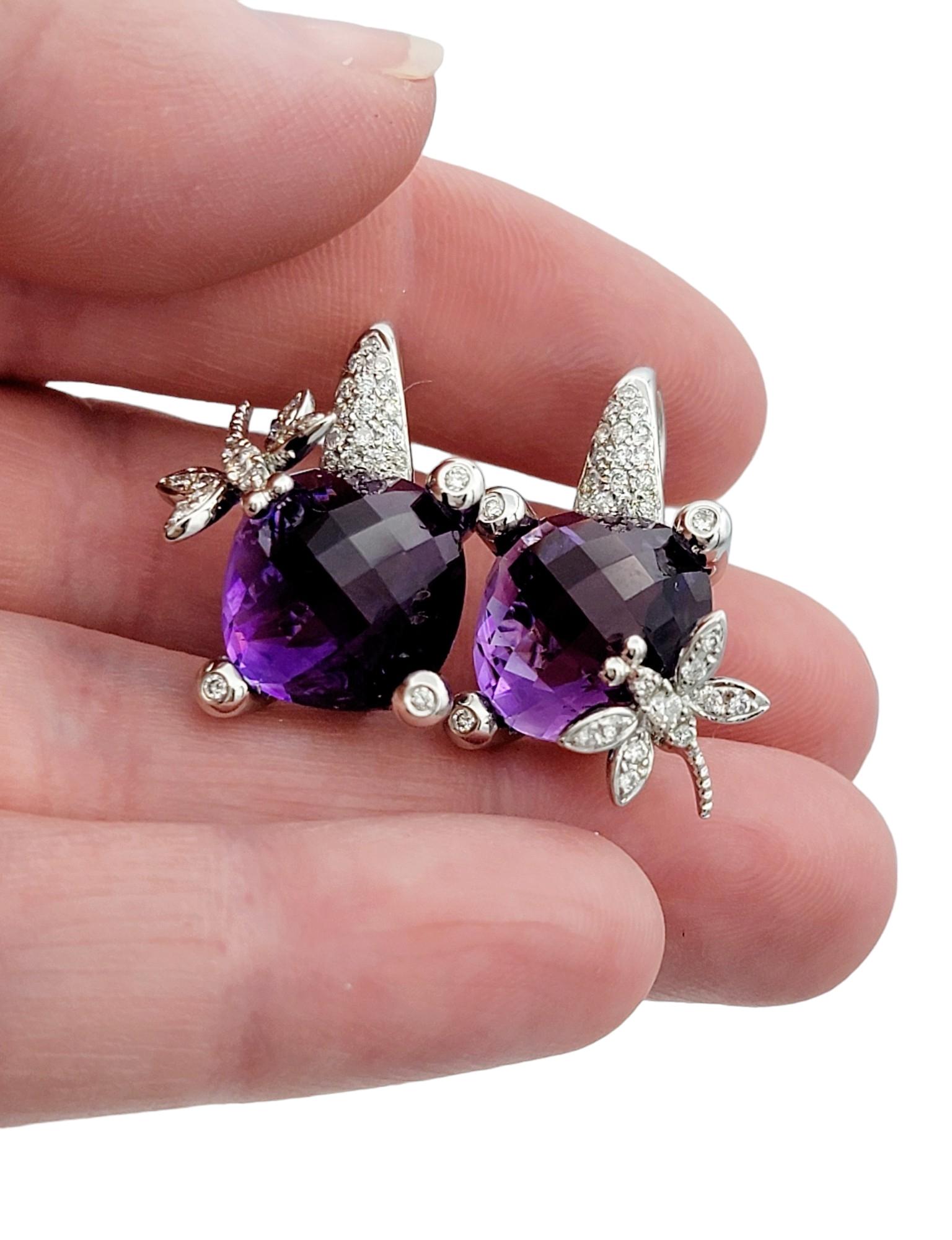 Purple Amethyst and Diamond Dragonfly Design Earrings Set in 18 Karat White Gold For Sale 1