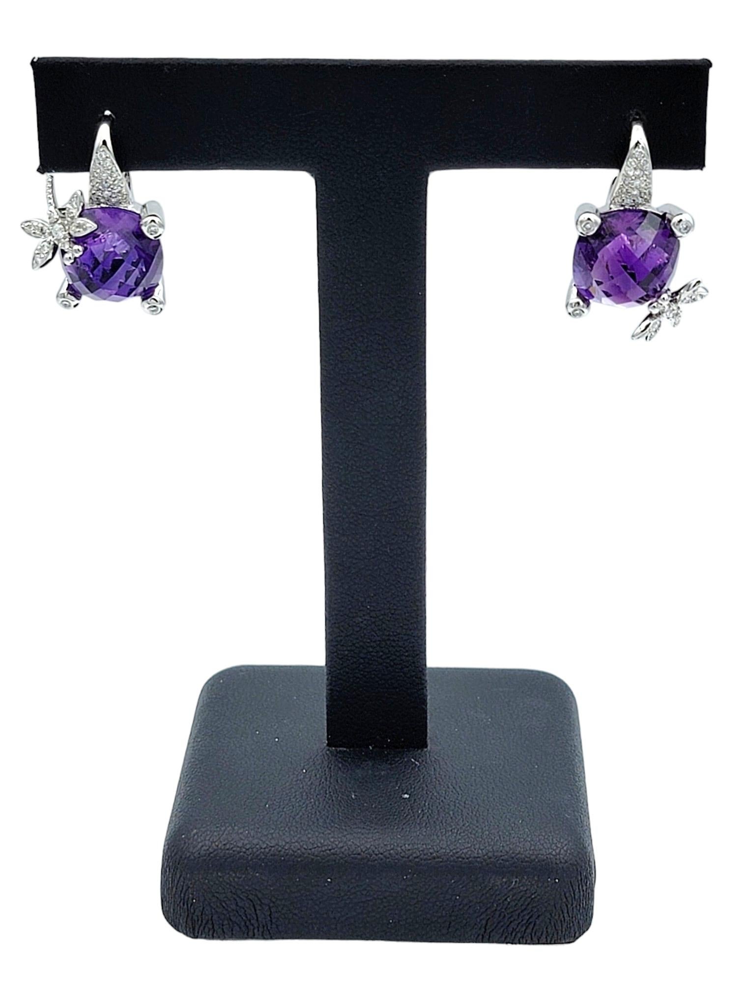 Purple Amethyst and Diamond Dragonfly Design Earrings Set in 18 Karat White Gold For Sale 2