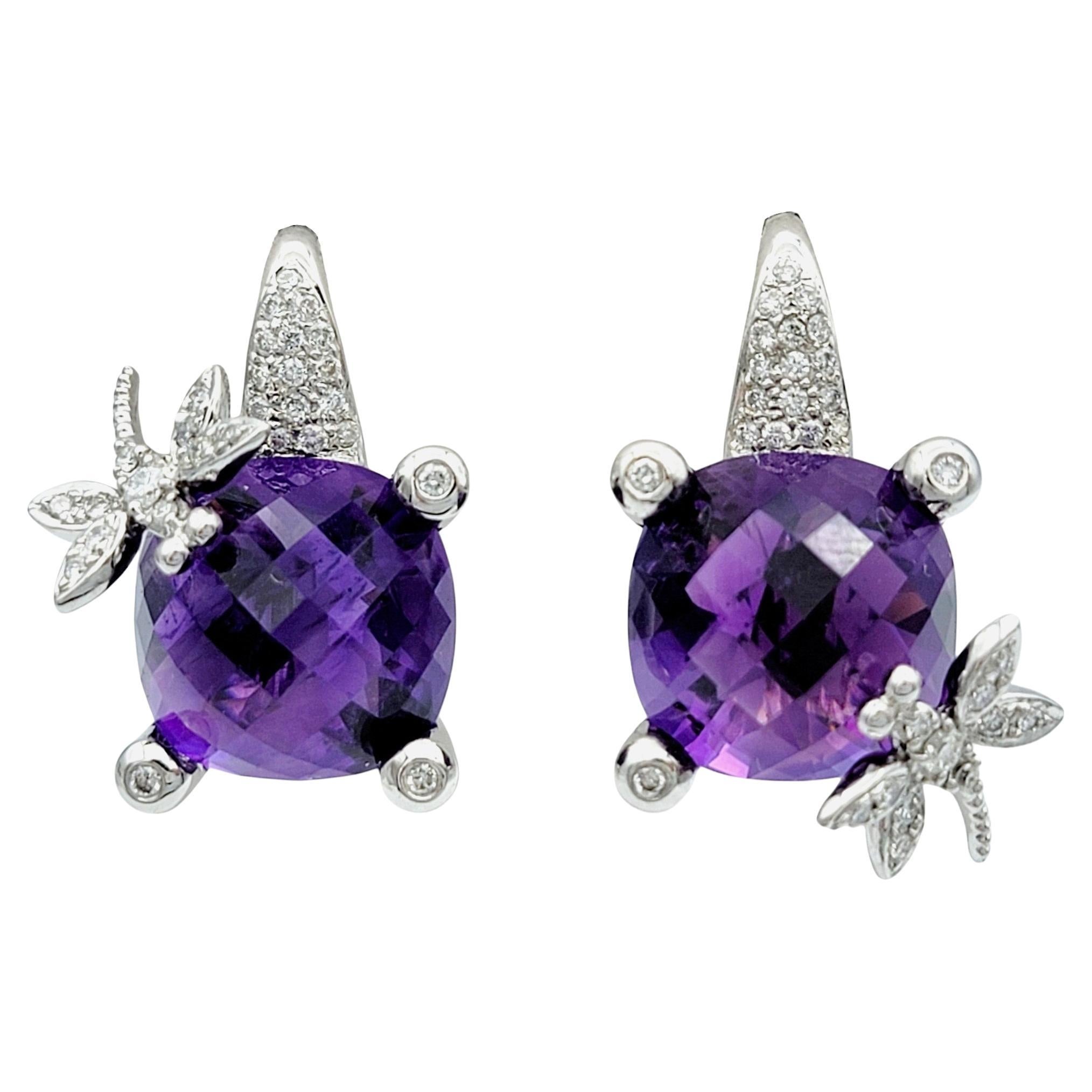 Purple Amethyst and Diamond Dragonfly Design Earrings Set in 18 Karat White Gold For Sale