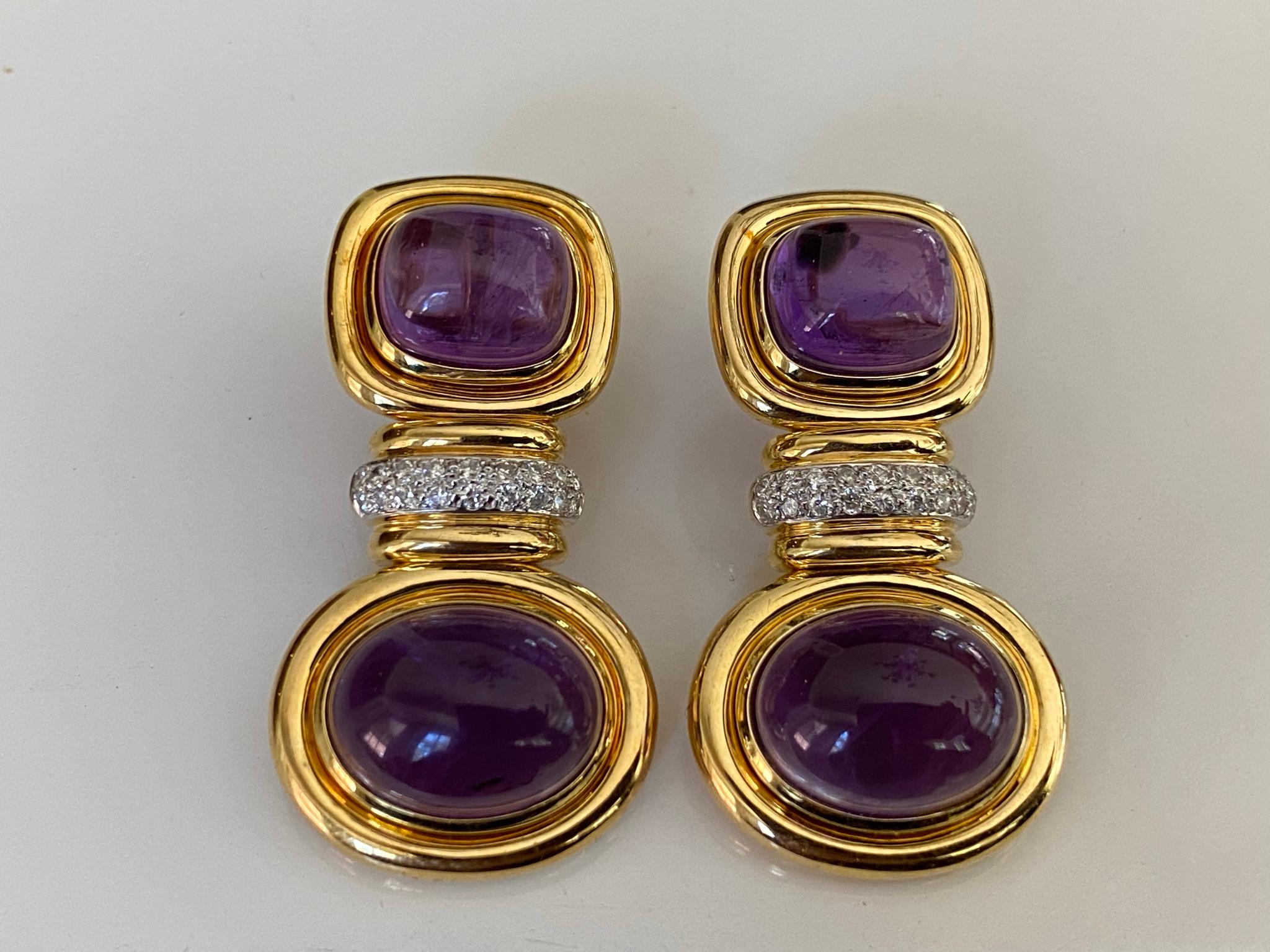 Cabochon Purple Amethyst and Diamond Estate Earrings  For Sale