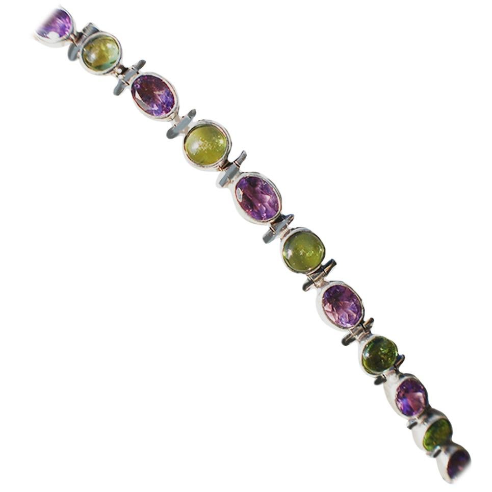 Amethyst and Green Stone Sterling Silver Link Bracelet For Sale