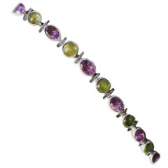 Antique Amethyst and Green Stone Sterling Silver Link Bracelet