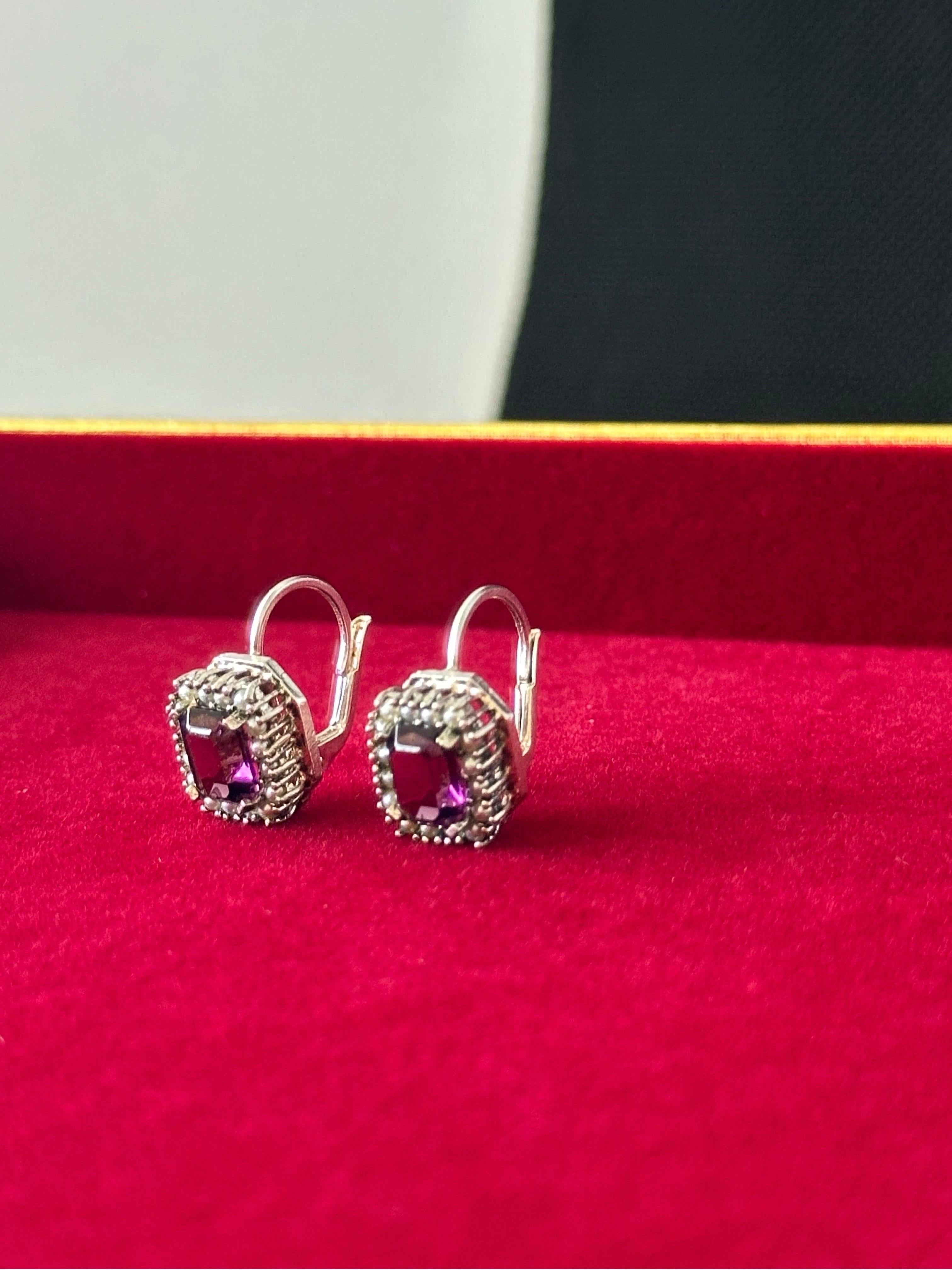 Art Deco Purple Amethyst and Pearl Accents Sterling Silver Earrings For Sale