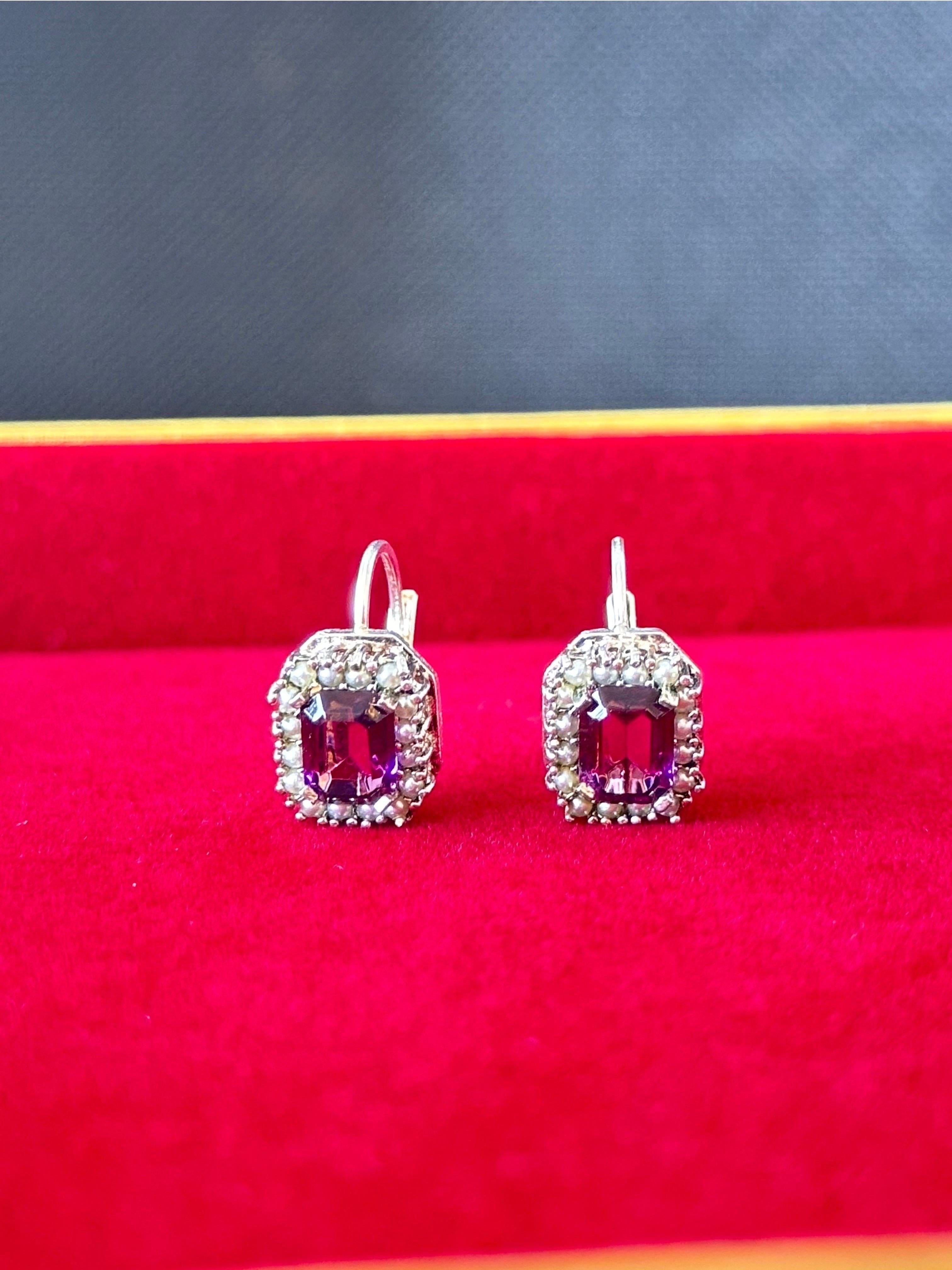 Emerald Cut Purple Amethyst and Pearl Accents Sterling Silver Earrings For Sale