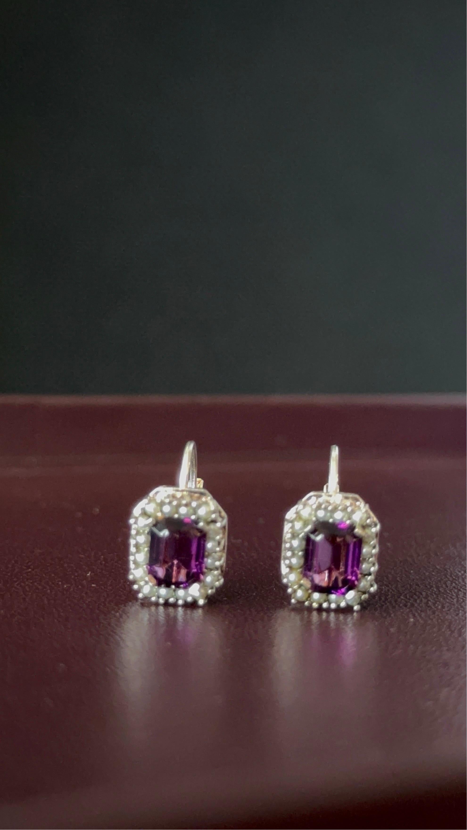 Purple Amethyst and Pearl Accents Sterling Silver Earrings In Good Condition For Sale In West Palm Beach, FL