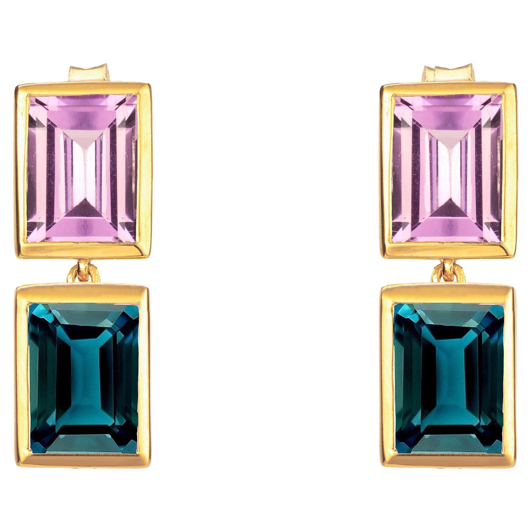 Purple Amethyst and Teal Topaz 2 Drop Earrings