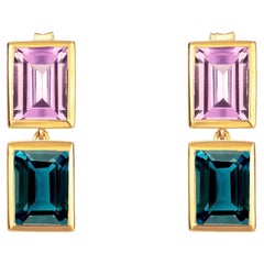 Boucles d'oreilles 2 pendants en améthyste mauve et topaze sarcelle