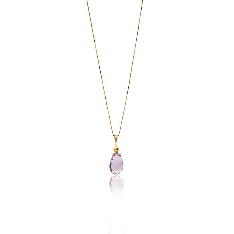 Hand-cut Amethyst set in 18kt Yellow Gold on Venetian 18kt Gold Chain with 3 Diamonds.

This beautifully simple pendant has been handmade in our workshop South of Rome in Italy by a 5th Generation Goldsmith. It comes with an 18kt Gold Venetian box