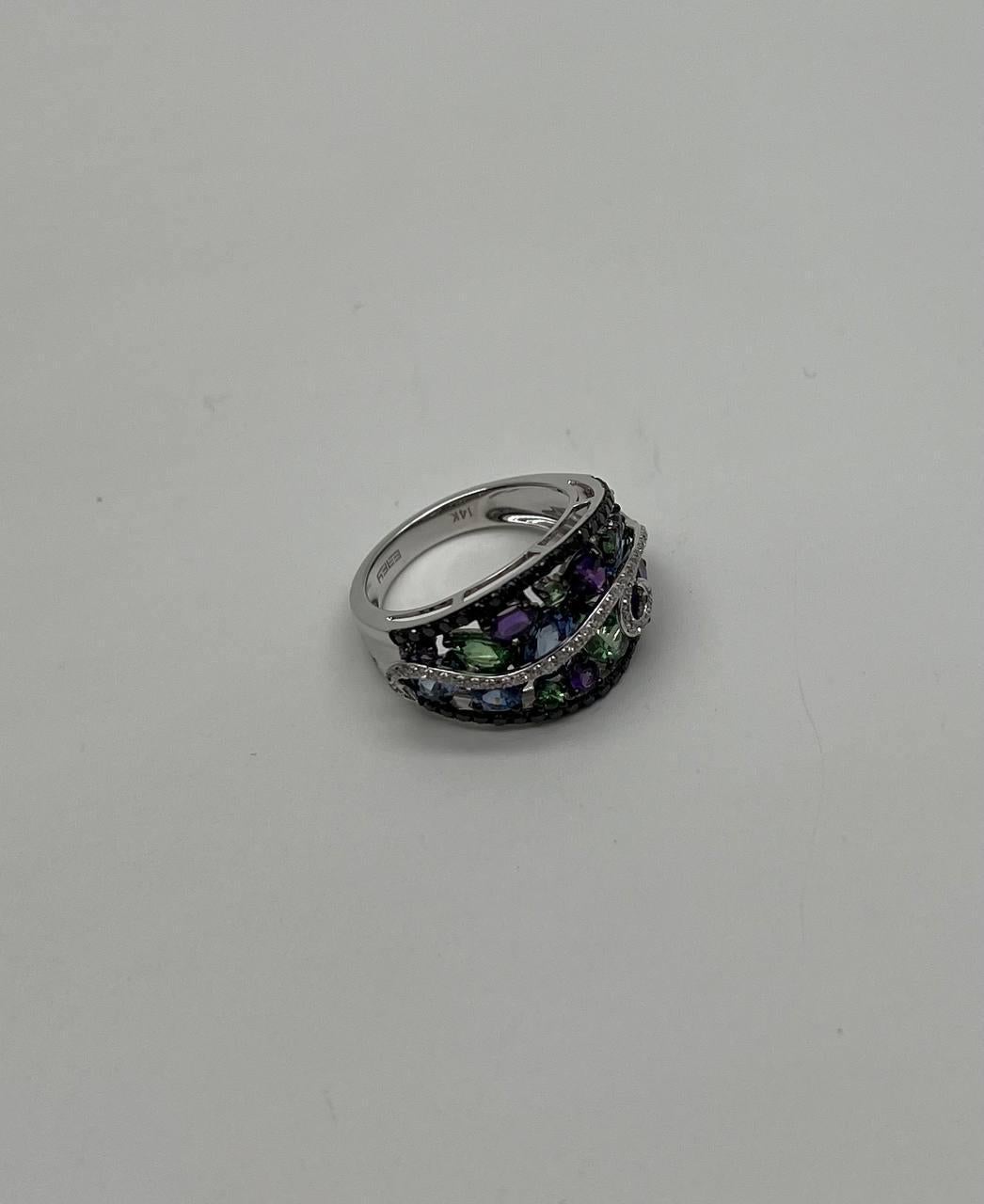 Mixed Cut Purple Amethyst Blue Sapphire Green Tsavorite Diamonds 14K Gold Statement Ring For Sale