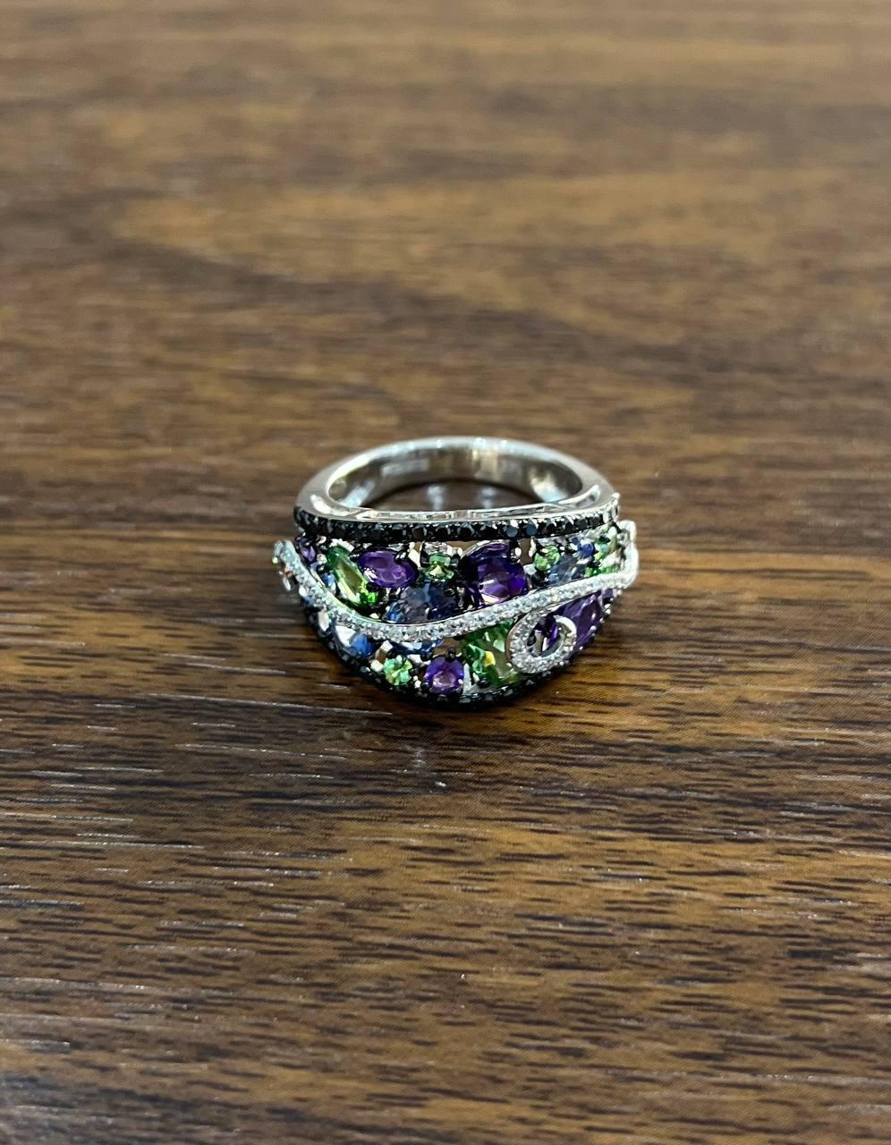 Women's Purple Amethyst Blue Sapphire Green Tsavorite Diamonds 14K Gold Statement Ring For Sale