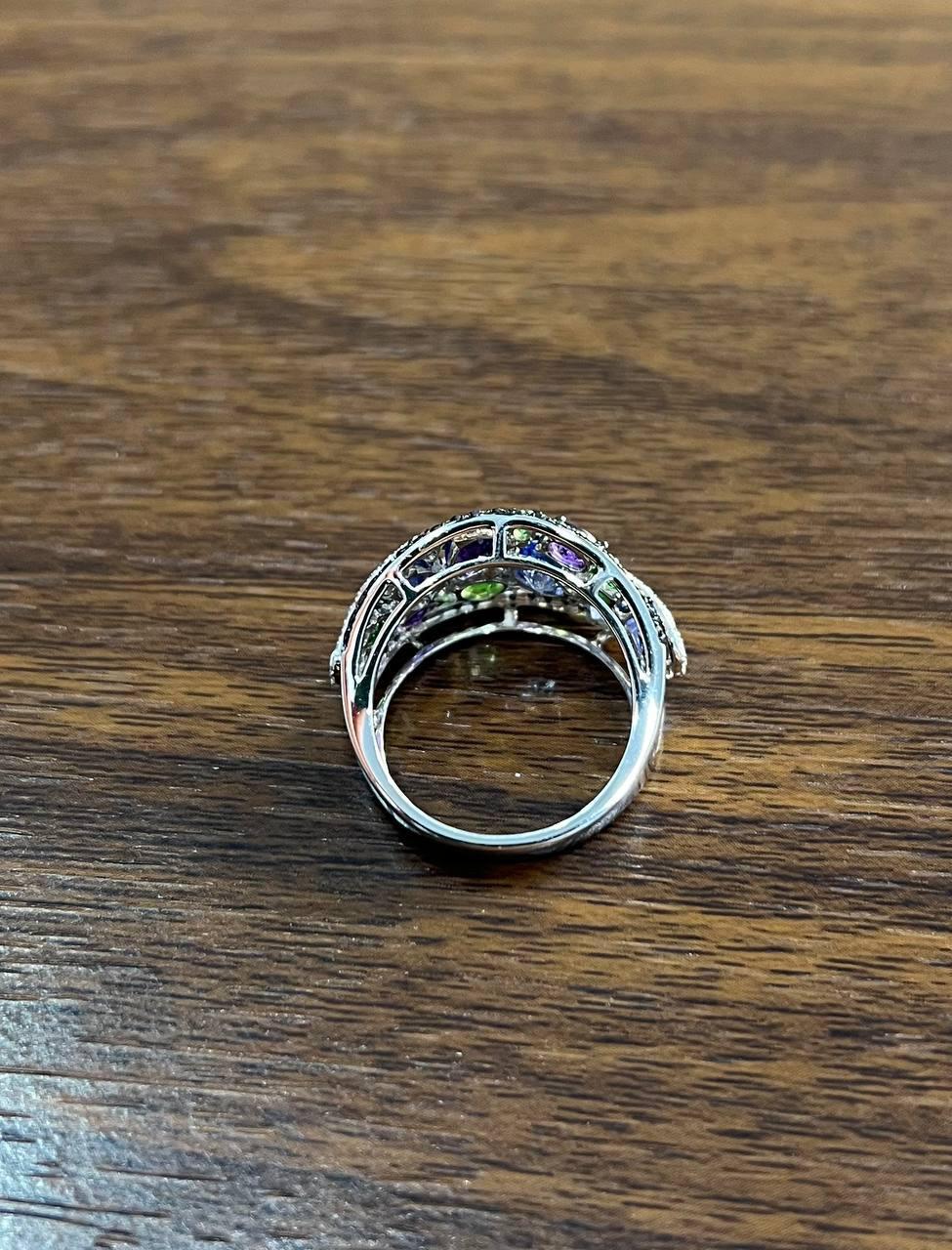 Purple Amethyst Blue Sapphire Green Tsavorite Diamonds 14K Gold Statement Ring For Sale 3