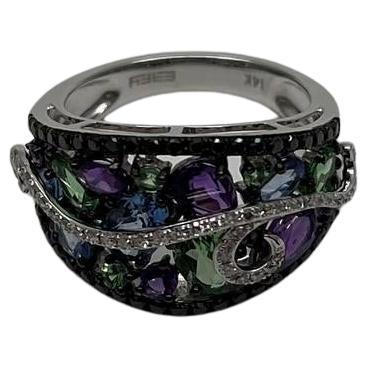 Statement-Ring aus 14 Karat Gold mit lila Amethyst, blauem Saphir und grünem Tsavorit und Diamanten