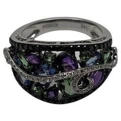 Purple Amethyst Blue Sapphire Green Tsavorite Diamonds 14K Gold Statement Ring