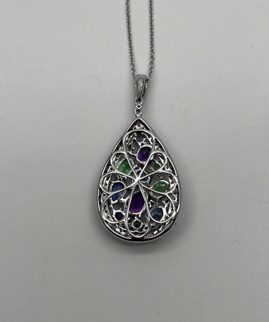 Mixed Cut Purple Amethyst Blue Sapphire Green Tsavorite Diamonds Gold Pendant Necklace For Sale