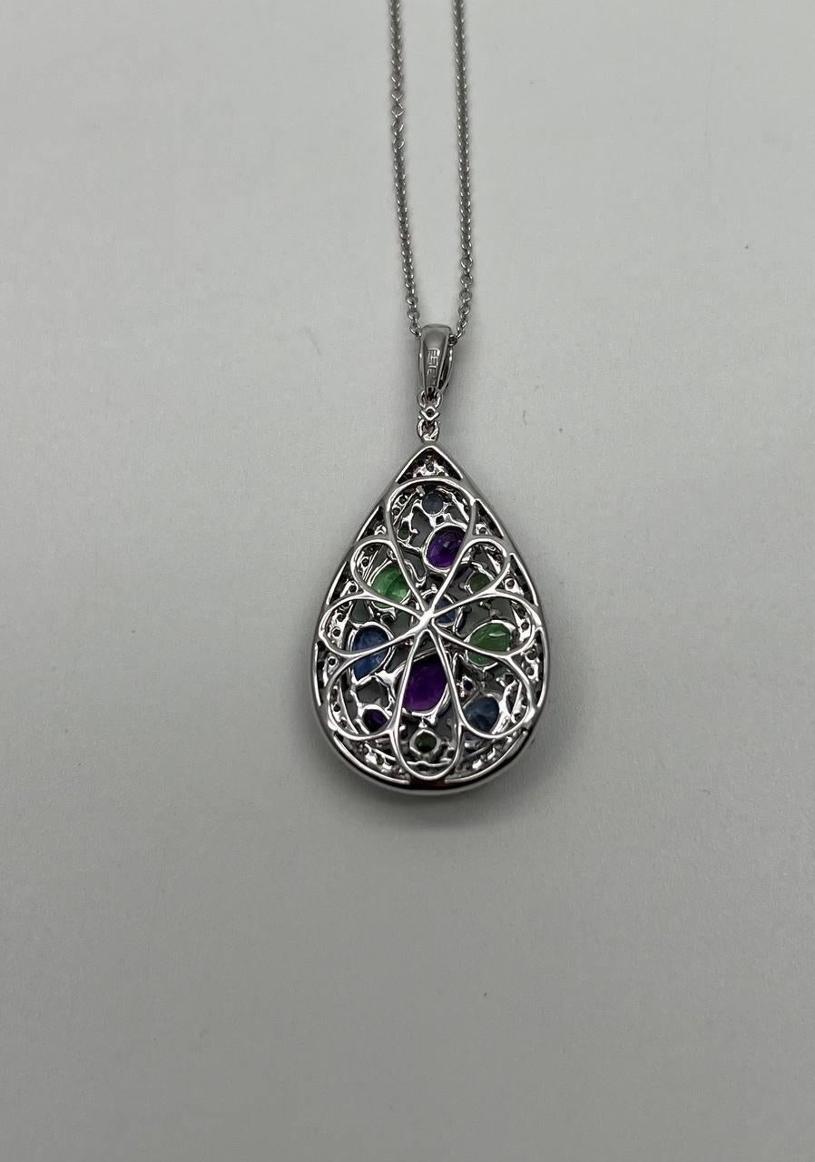 Purple Amethyst Blue Sapphire Green Tsavorite Diamonds Gold Pendant Necklace In New Condition For Sale In Oakton, VA
