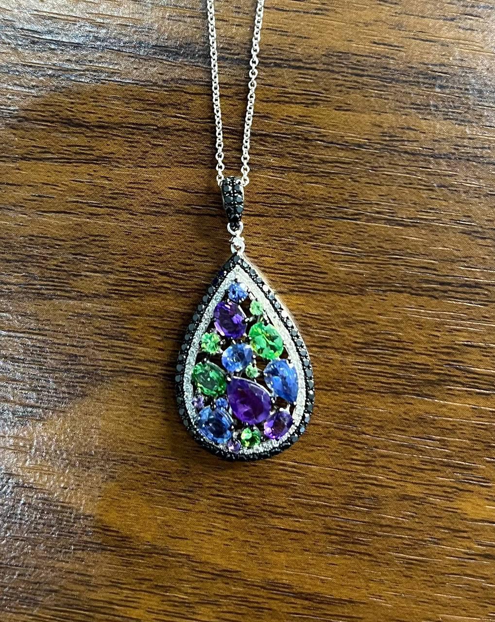 Women's Purple Amethyst Blue Sapphire Green Tsavorite Diamonds Gold Pendant Necklace For Sale