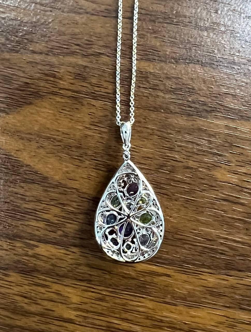 Purple Amethyst Blue Sapphire Green Tsavorite Diamonds Gold Pendant Necklace For Sale 1