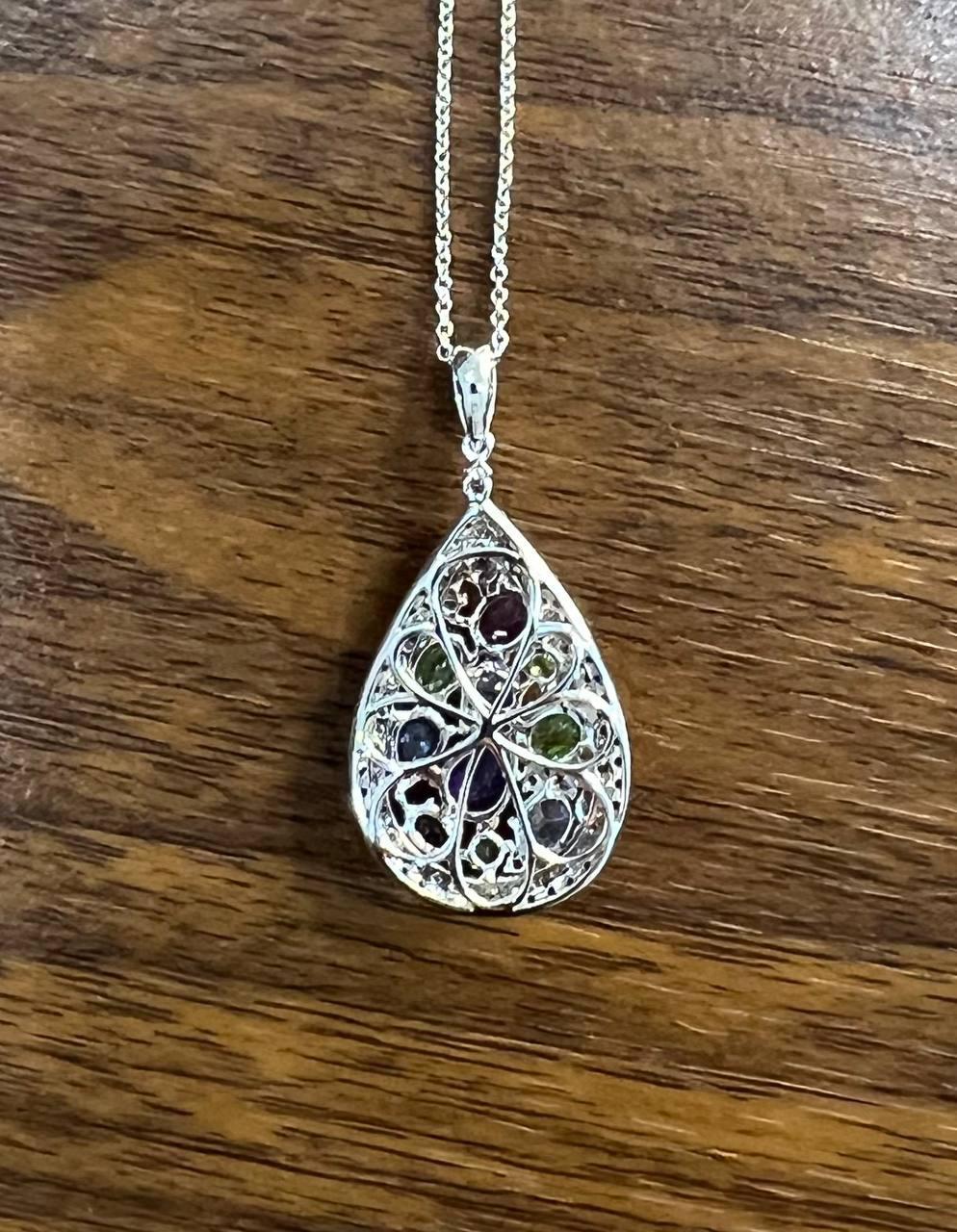 Purple Amethyst Blue Sapphire Green Tsavorite Diamonds Gold Pendant Necklace For Sale 2