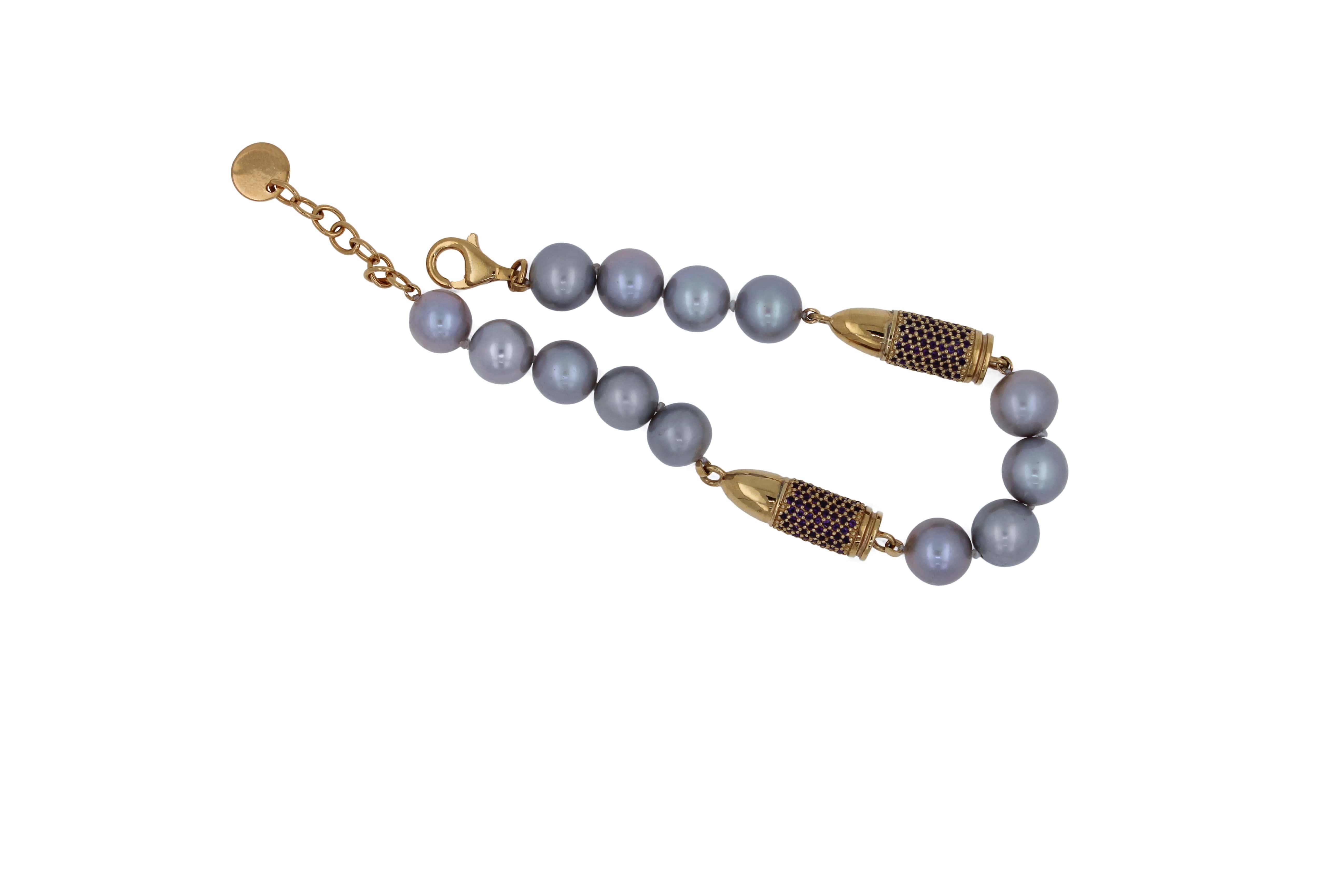 Purple Amethyst Pave Set Gold Rocket Bullet Grey Pearl Silver Vermeil Bracelet
*Genuine Purple Amethysts Gemstones 2.50 CTW Natural
* Natural Grey Pearls
* 18K Yellow Gold Vermeil
* 7 to 8.7 Inches Adjustable Clasp
* In-Stock & Ready to Ship
