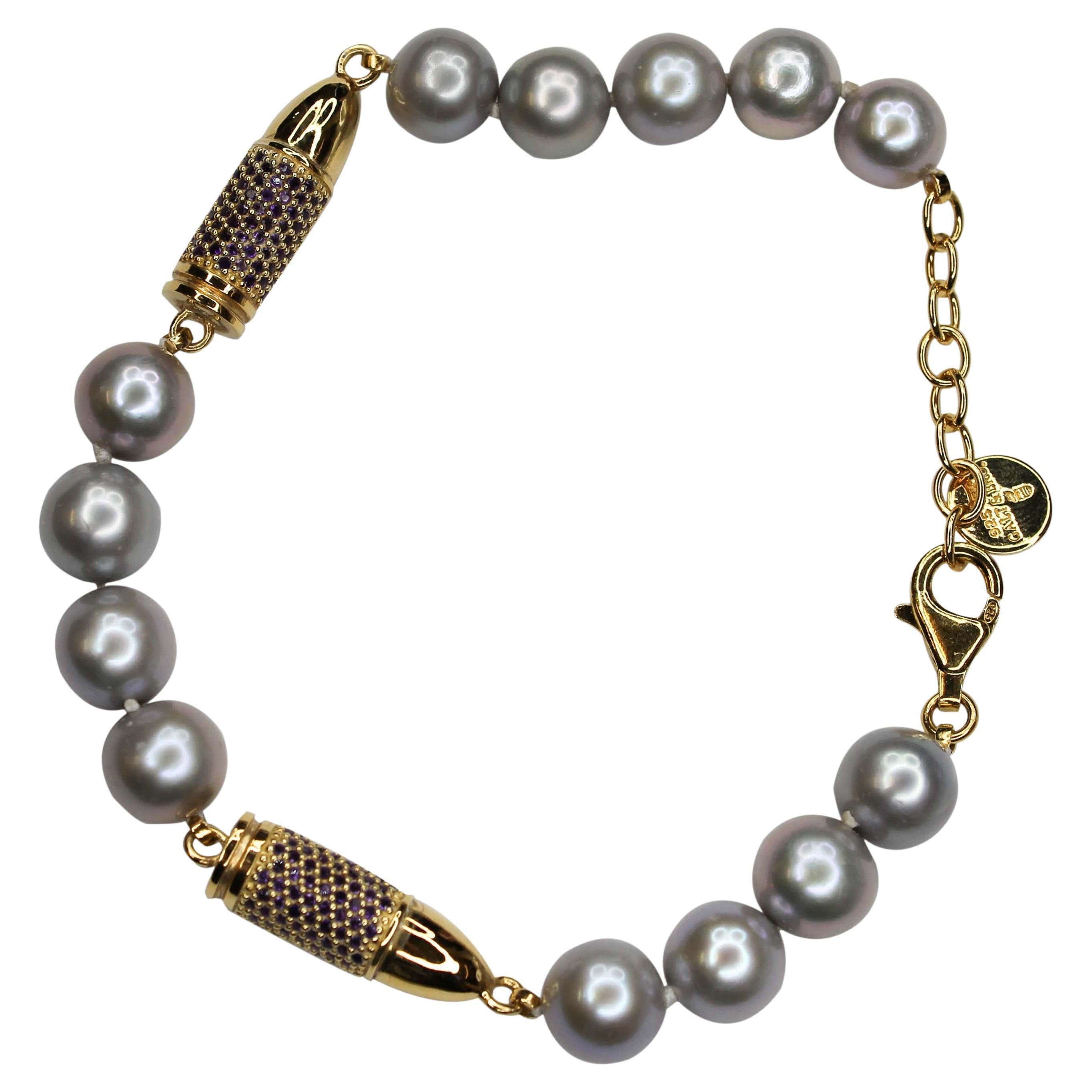 Bracelet en vermeil argenté avec améthyste violette sertie en pavé et or Bullet Grey Pearl