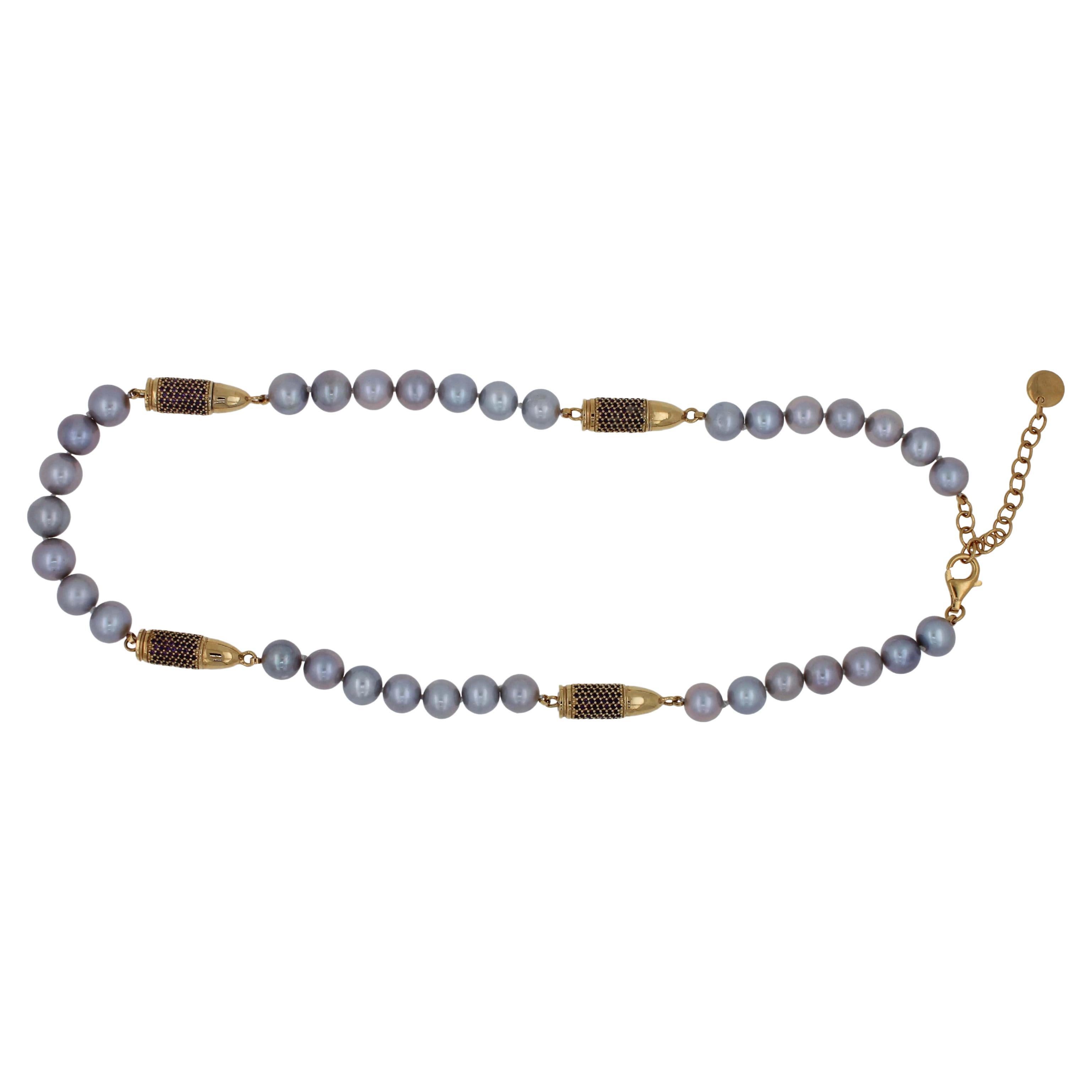 Purple Amethyst Pave Set Gold Bullet Rocket Grey Pearl Silver Vermeil Necklace
*Genuine Purple Amethysts Gemstones 5.00 CTW
* Natural Silver Pearls
* 18K Yellow Gold Vermeil
* 18 to 20 Inches Adjustable Clasp