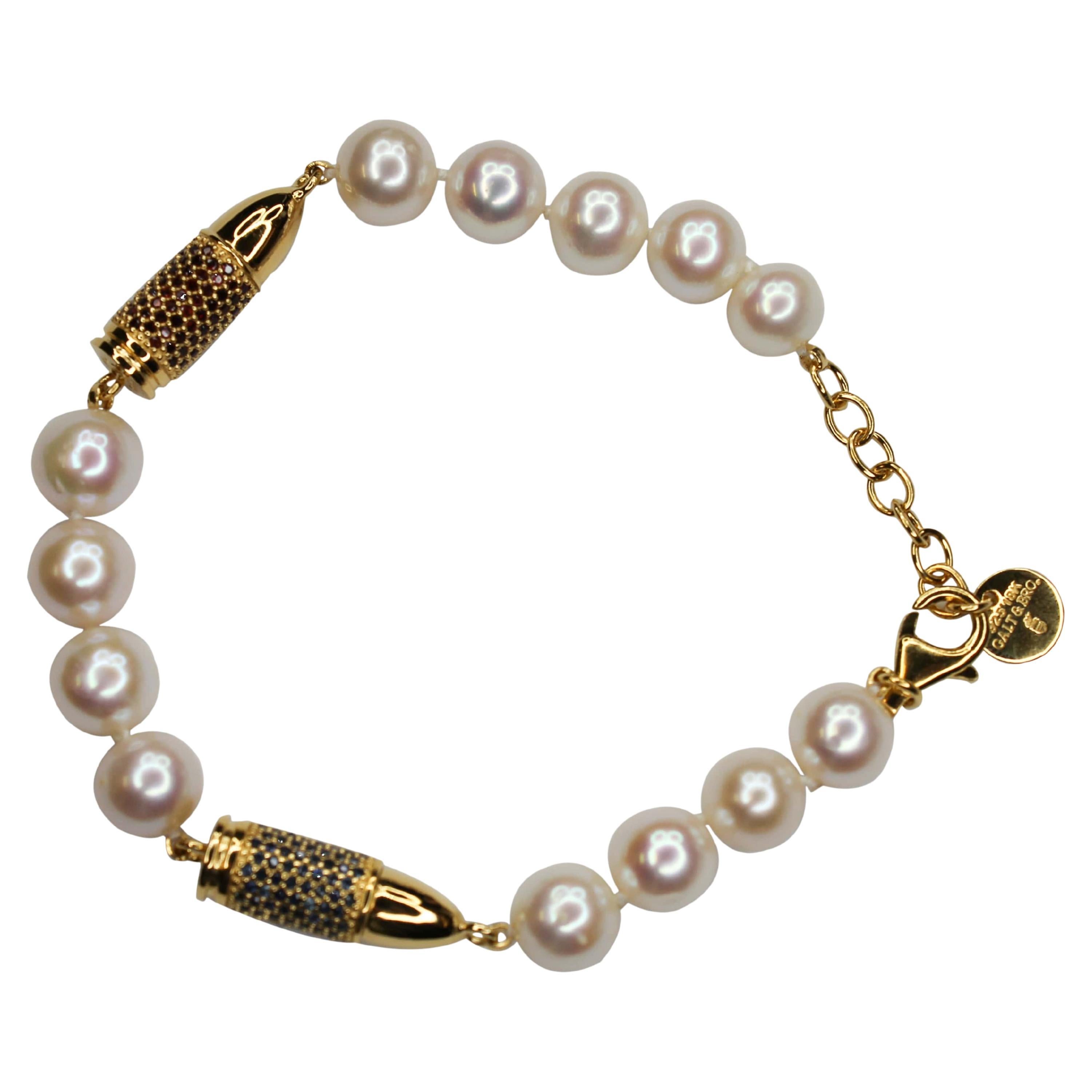 Armband aus Gold Vermeil mit blauem Saphir, rotem Granat, Kugel und weißer Perle im Angebot